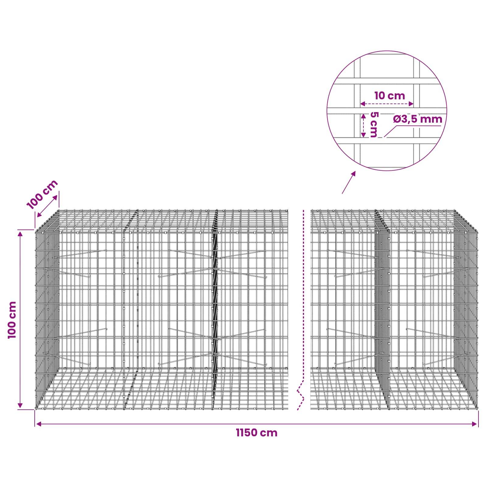 Drahtgitter-Gabionenkörbe in Vorder- und Seitenansicht, 100 cm hoch, 100 cm tief und 1150 cm lang, mit 10 cm x 5 cm Maschenöffnungen und 3,5 mm Draht.