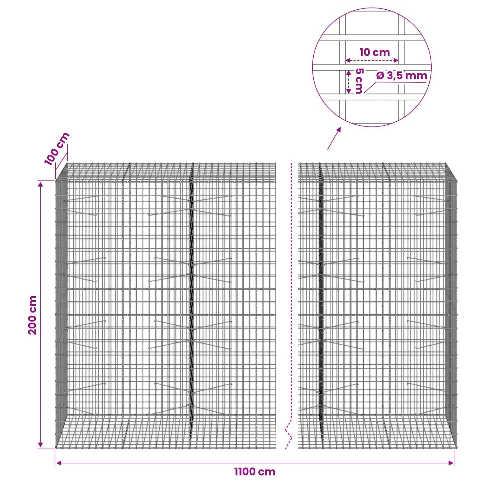 Technisches Diagramm eines Drahtgitter-Gabions: 200 cm hoch, 100 cm tief, 1100 cm breit, mit 10 cm Maschenweite und 3,5 mm Draht.