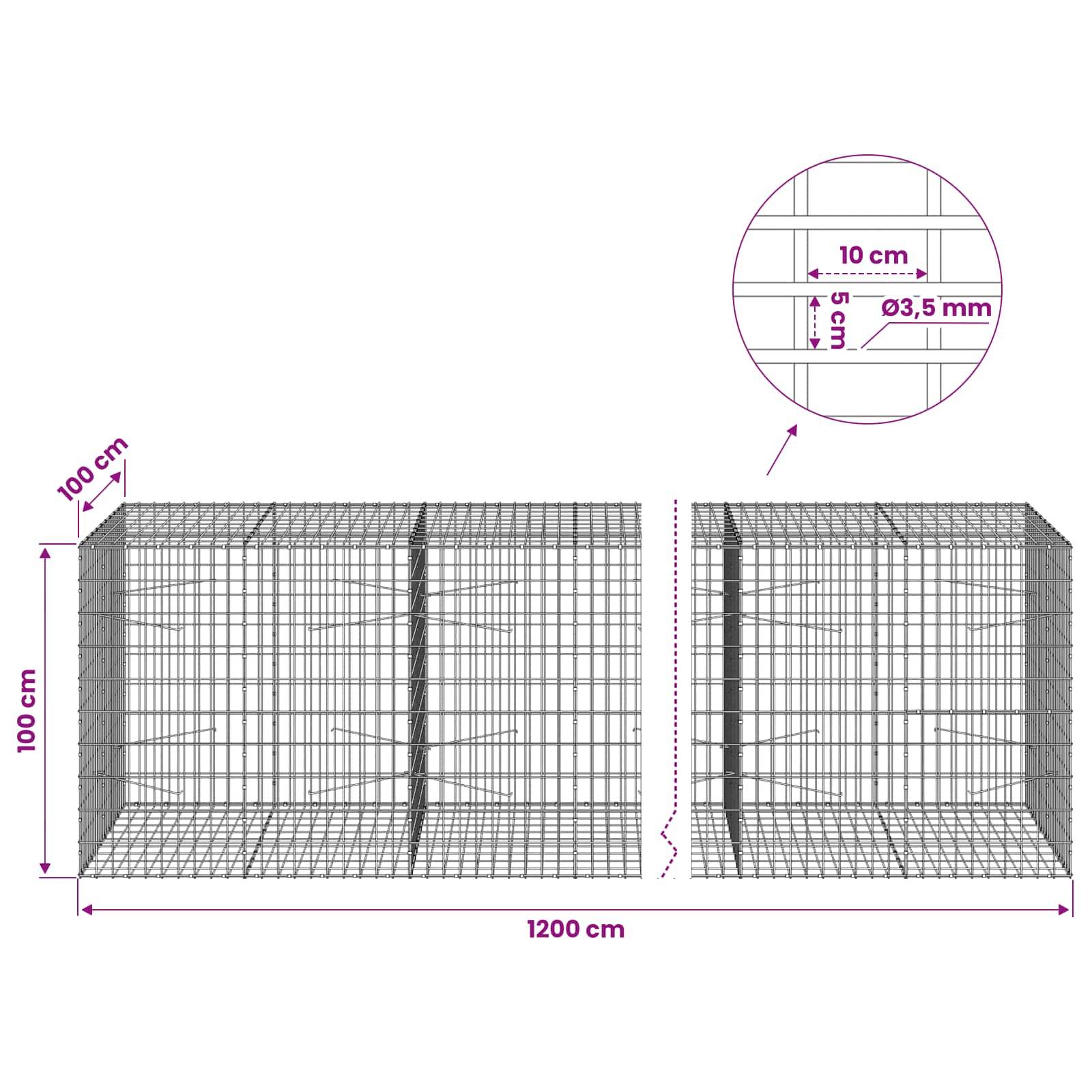 Technisches Diagramm eines Drahtgitter-Gabionenkastens, das folgende Abmessungen zeigt: 1200 cm Länge, 100 cm Höhe, 100 cm Tiefe, mit einer Maschenweite von 10 cm mal 5 cm und einem Drahtdurchmesser von 3,5 mm.