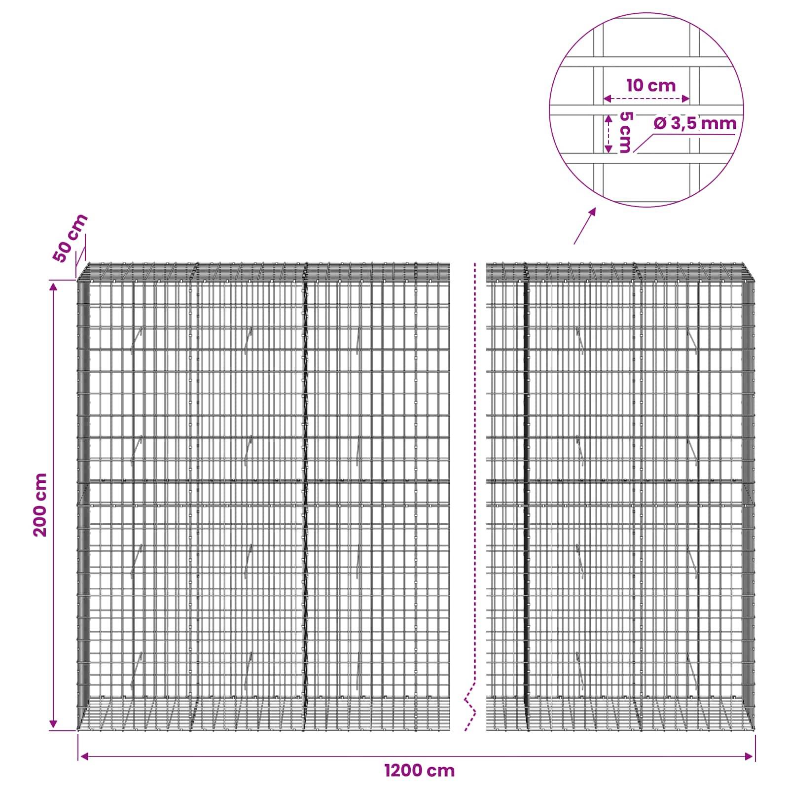 Diagramm zweier Drahtgeflecht-Paneele mit Gesamtgröße 1200 cm Breite mal 200 cm Höhe, 50 cm Tiefe, mit 10 cm mal 5 cm Maschenweite und 3,5 mm Drahtdurchmesser.