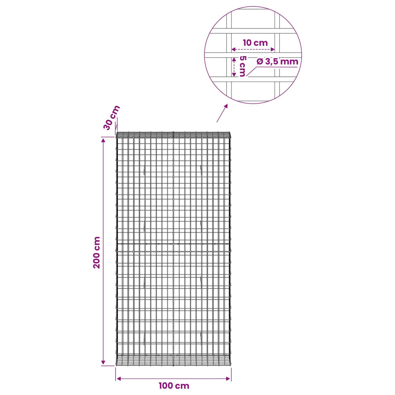 Diagramm einer rechteckigen Drahtgitterpaneel mit den Maßen 200 cm Höhe mal 100 cm Breite, mit 3 cm Rand und 10 cm mal 5 cm Gitterabstand; Drahtdicke 3,5 mm.
