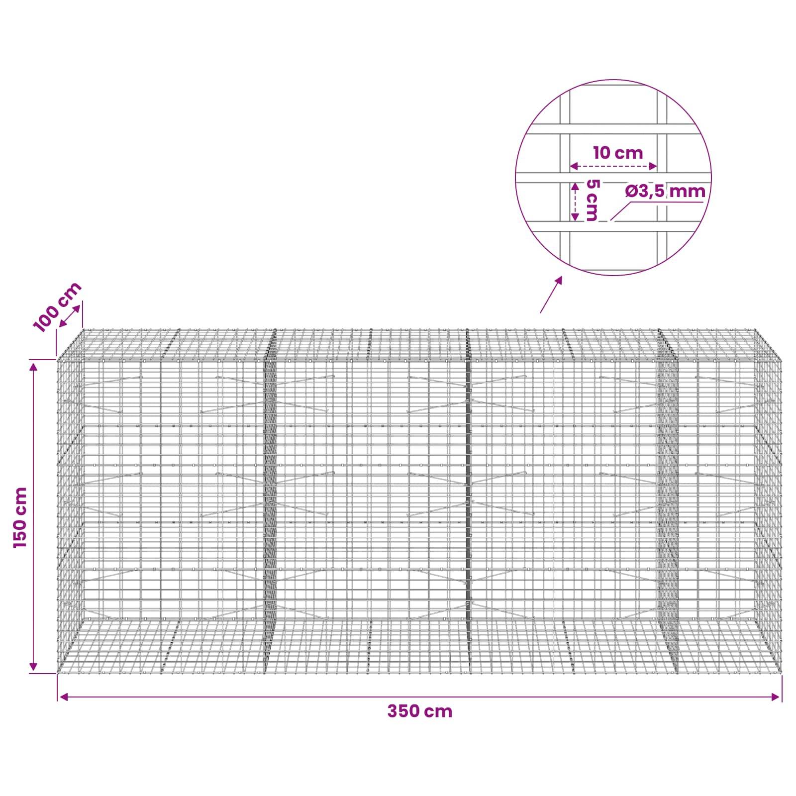 Drahtgeflecht-Gehäuse-Diagramm mit Gesamtgröße 350 cm breit, 150 cm hoch, 100 cm tief, mit eingefügter Detailansicht eines 10 cm Gitters und 3,5 mm Drahtdicke.