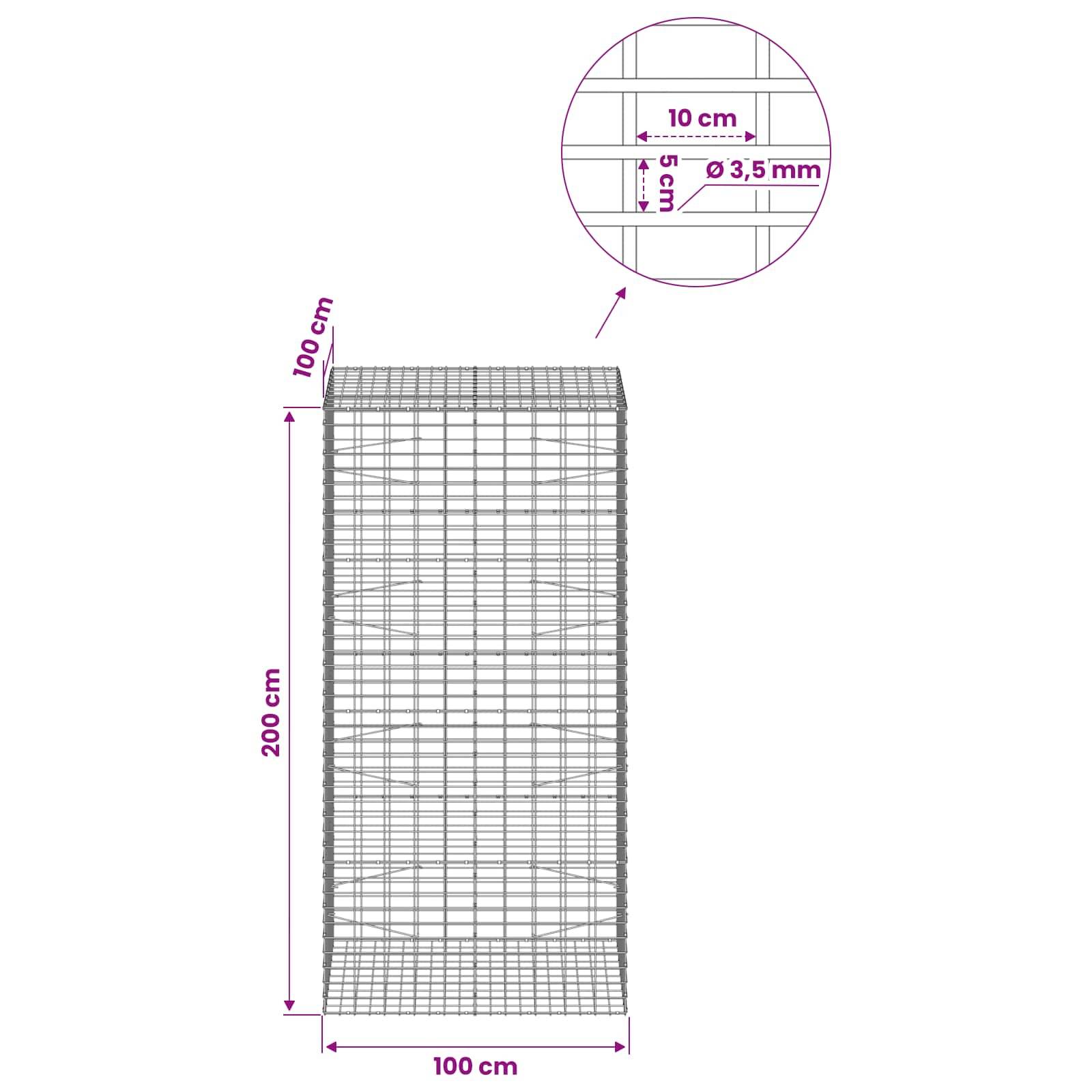 Drahtgeflecht-Paneel-Diagramm zeigt einen rechteckigen Käfig mit einer Höhe von 200 cm, einer Breite von 100 cm und einer Tiefe von 100 cm, mit 10 cm Gitterabstand und 3,5 mm Drahtdicke.