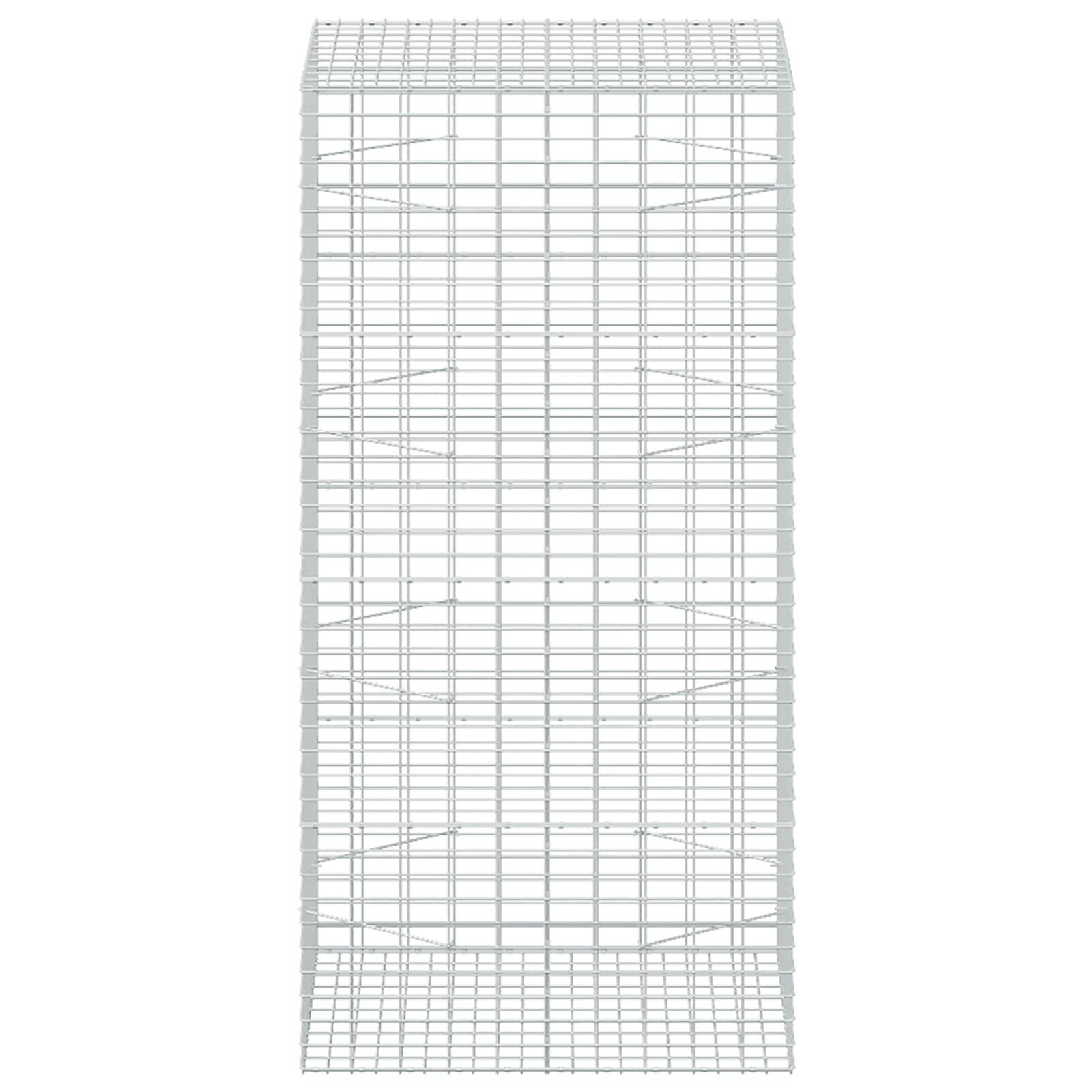 Ein großer weißer Drahtlagerbehälter oder ein Käfig mit einem Gittermuster auf neutralem Hintergrund.