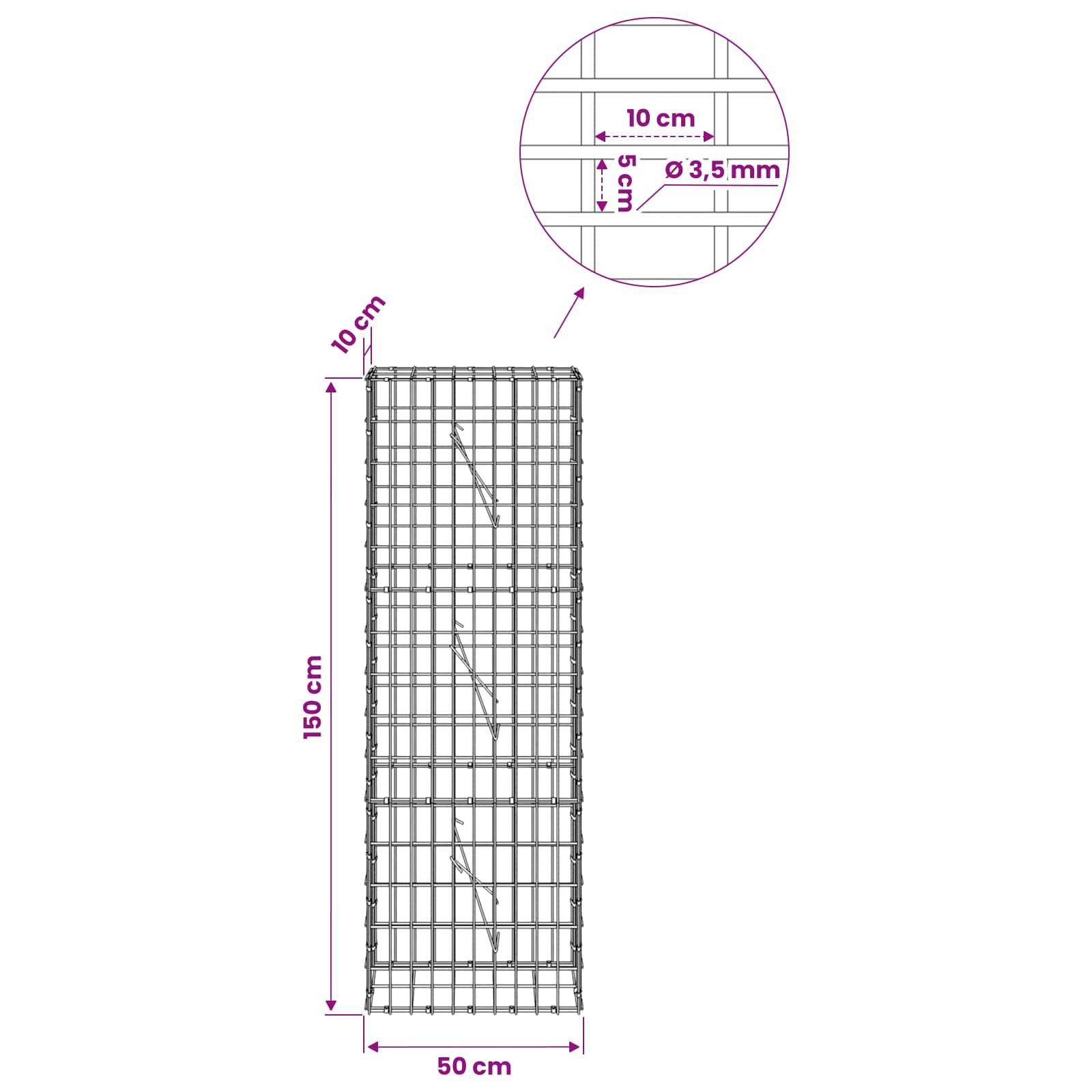 Technische Zeichnung eines rechteckigen Drahtgitterpanels mit einer Höhe von 150 cm und einer Breite von 50 cm, mit 10 cm Gitterabstand und 3,5 mm Drahtdurchmesser, dargestellt in einer vergrößerten Detailansicht.