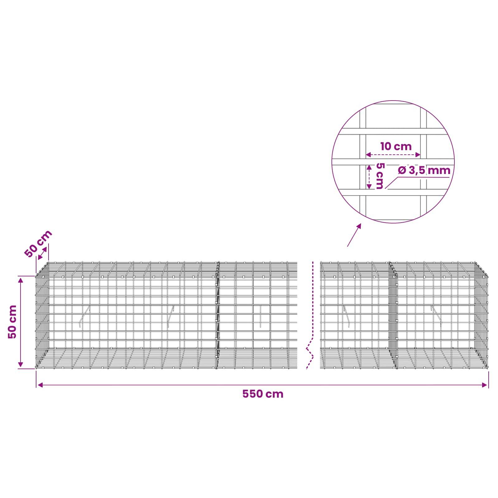 Technisches Diagramm von zwei Drahtgitter-Gabionen-Käfigen, jeder 50 cm hoch und 50 cm tief, mit einer Gesamtlänge von 550 cm. Detail zeigt 10 cm Maschenweite und 3,5 mm Draht.