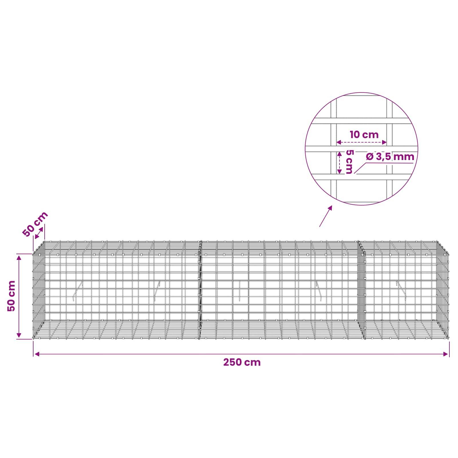 Diagramm eines rechteckigen Drahtgitterkäfigs, 250 cm lang, 50 cm breit und 50 cm hoch, mit einer Nahaufnahme, die einen Maschenabstand von 10 cm und einen Drahtdurchmesser von 3,5 mm zeigt.