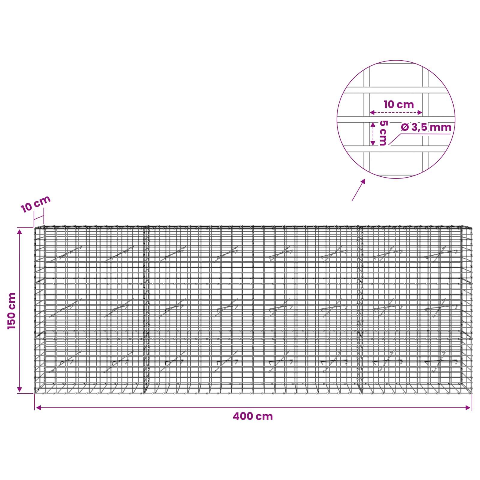 Drahtgewebepaneel-Diagramm, das ein rechteckiges Paneel von 400 cm x 150 cm mit 10 cm Abstand und 3,5 mm Draht zeigt, plus eine vergrößerte Detailansicht der Gittermaße.