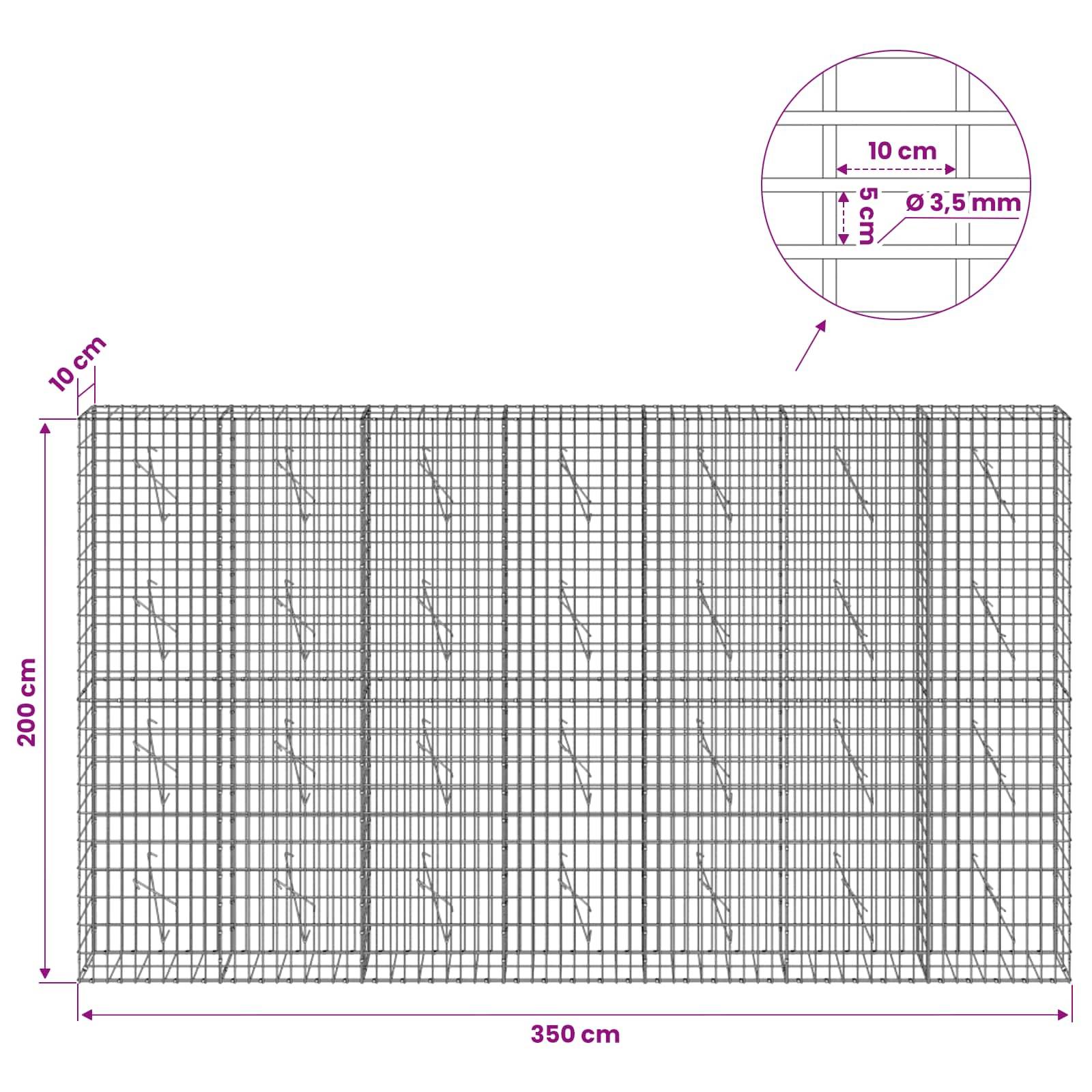 Technisches Diagramm eines Drahtgitterpanels mit Abmessungen von 350 cm Breite und 200 cm Höhe, mit 10 cm Rastergröße und 3,5 mm Drahtdurchmesser.