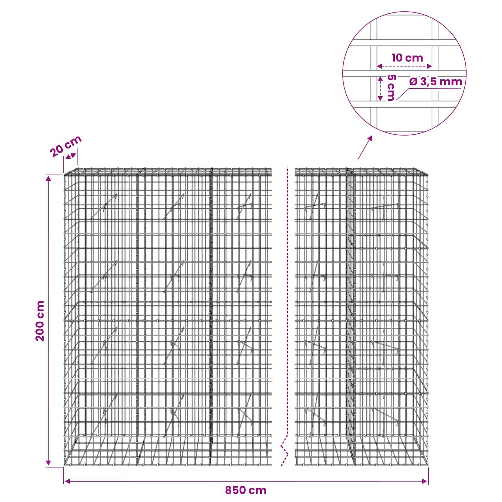 Diagramm eines Drahtkörbes aus Maschengeflecht mit den Abmessungen 200 cm Höhe, 850 cm Breite, 20 cm Tiefe und Ausschnitt mit 10 cm Maschenweite und 3,5 mm Drahtdicke.