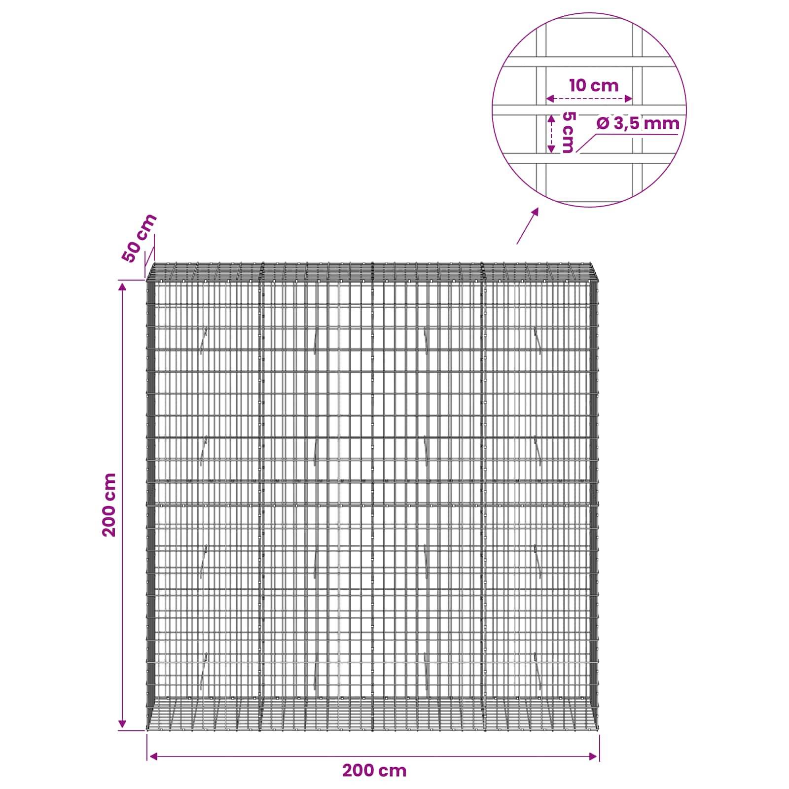 Drahtzaungitter-Panel dargestellt mit Abmessungen 200 cm × 200 cm, plus Nahaufnahme mit 10 cm Maschenweite und 3,5 mm Drahtdurchmesser.