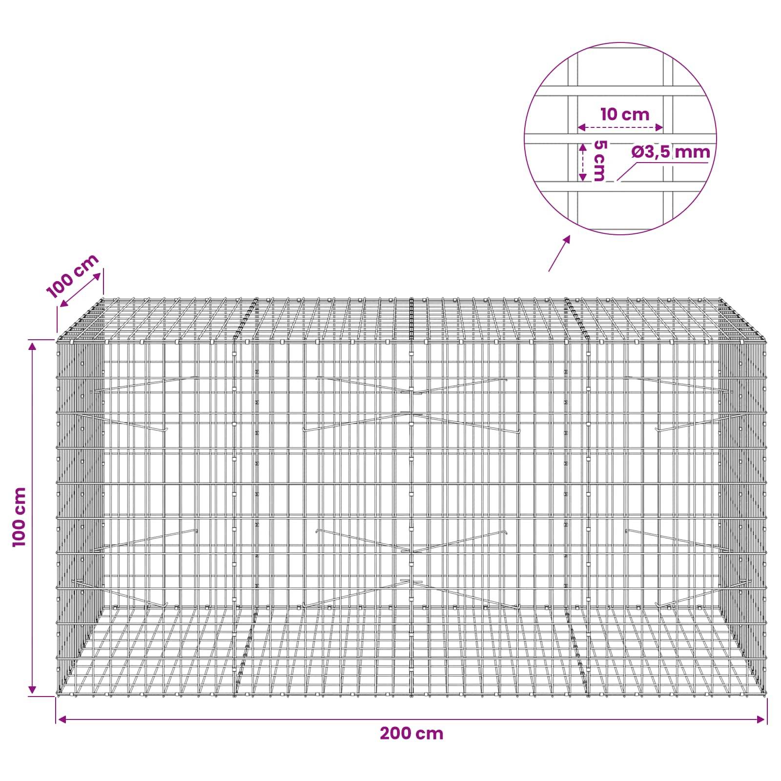 Drahtgeflecht-Gehäuse-Diagramm mit Abmessungen 200 cm breit, 100 cm hoch, 100 cm tief; eingefügte Details zeigen 10 cm Abstände und 3,5 mm Drahtdurchmesser.