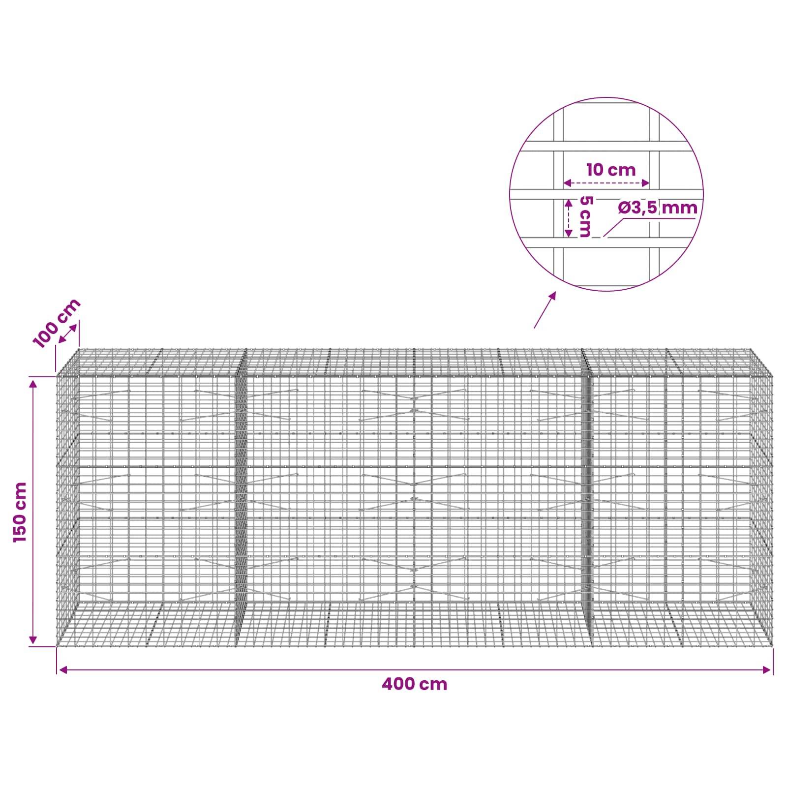 Drahtgeflecht-Gabionenkäfig-Diagramm mit einer Länge von 400 cm, einer Höhe von 150 cm und einer Tiefe von 100 cm, mit Öffnungen von 10 cm mal 5 cm aus 3,5 mm Draht.
