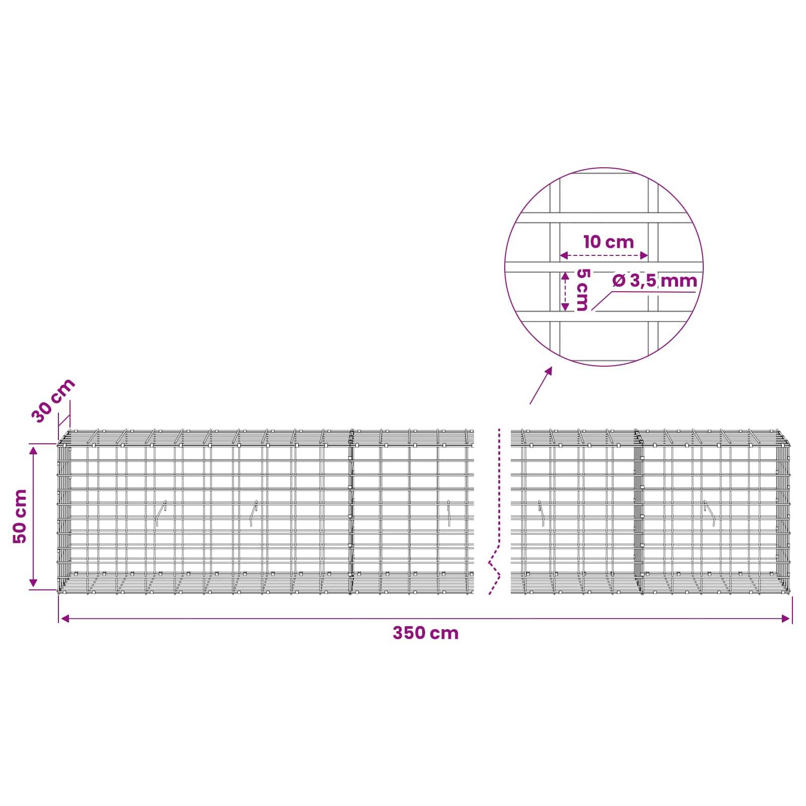 Drahtgitter-Gabionenkorbdiagramm mit Abmessungen: 350 cm lang, 50 cm hoch, 30 cm tief, mit 10 cm x 5 cm Maschenweite und 3,5 mm Drahtdurchmesser.