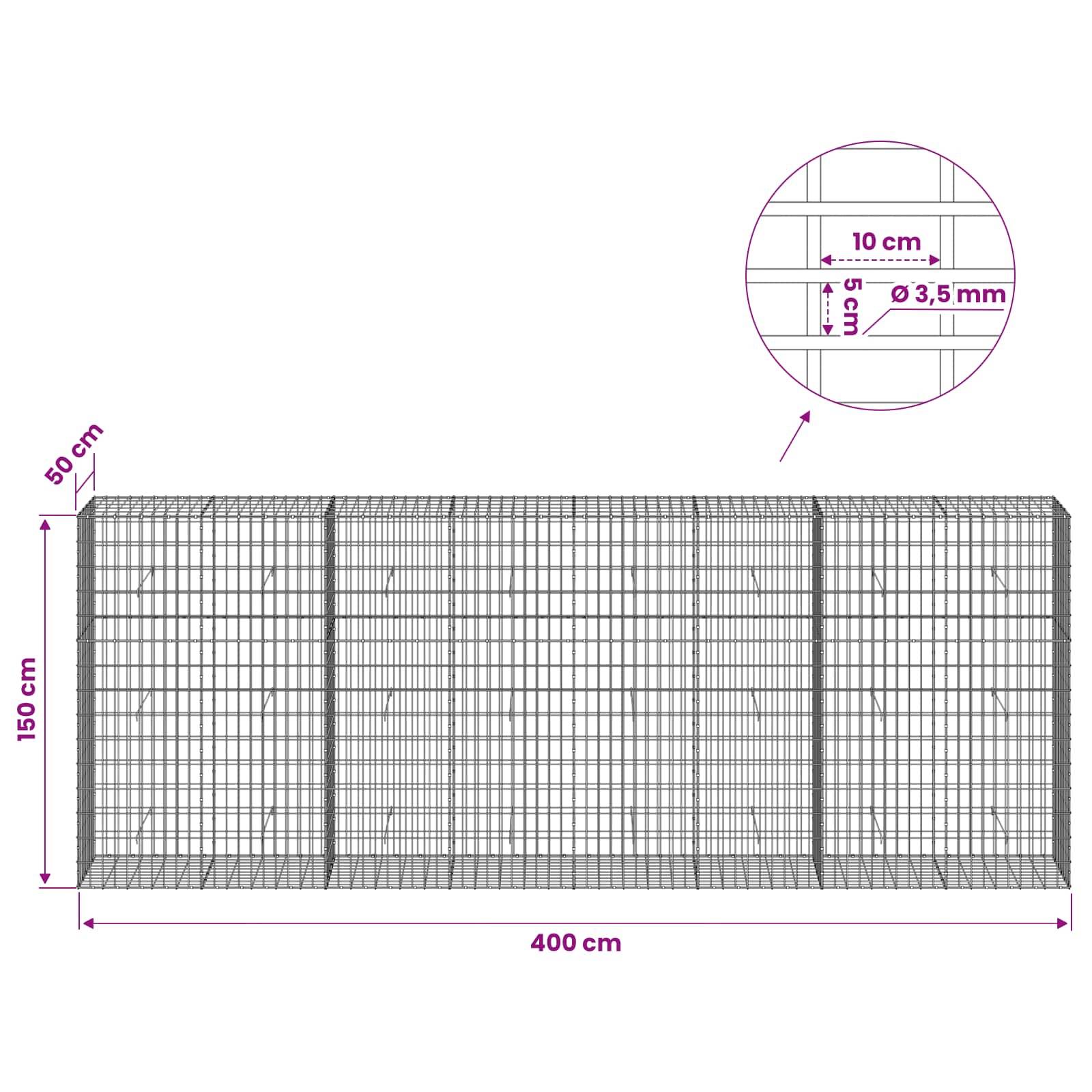 Technische Zeichnung eines Drahtgitterzaun-Elements mit Abmessungen: 400 cm breit, 150 cm hoch, 50 cm tief, mit Vergrößerung zeigt 10 cm Maschenweite und 3,5 mm Drahtdicke.