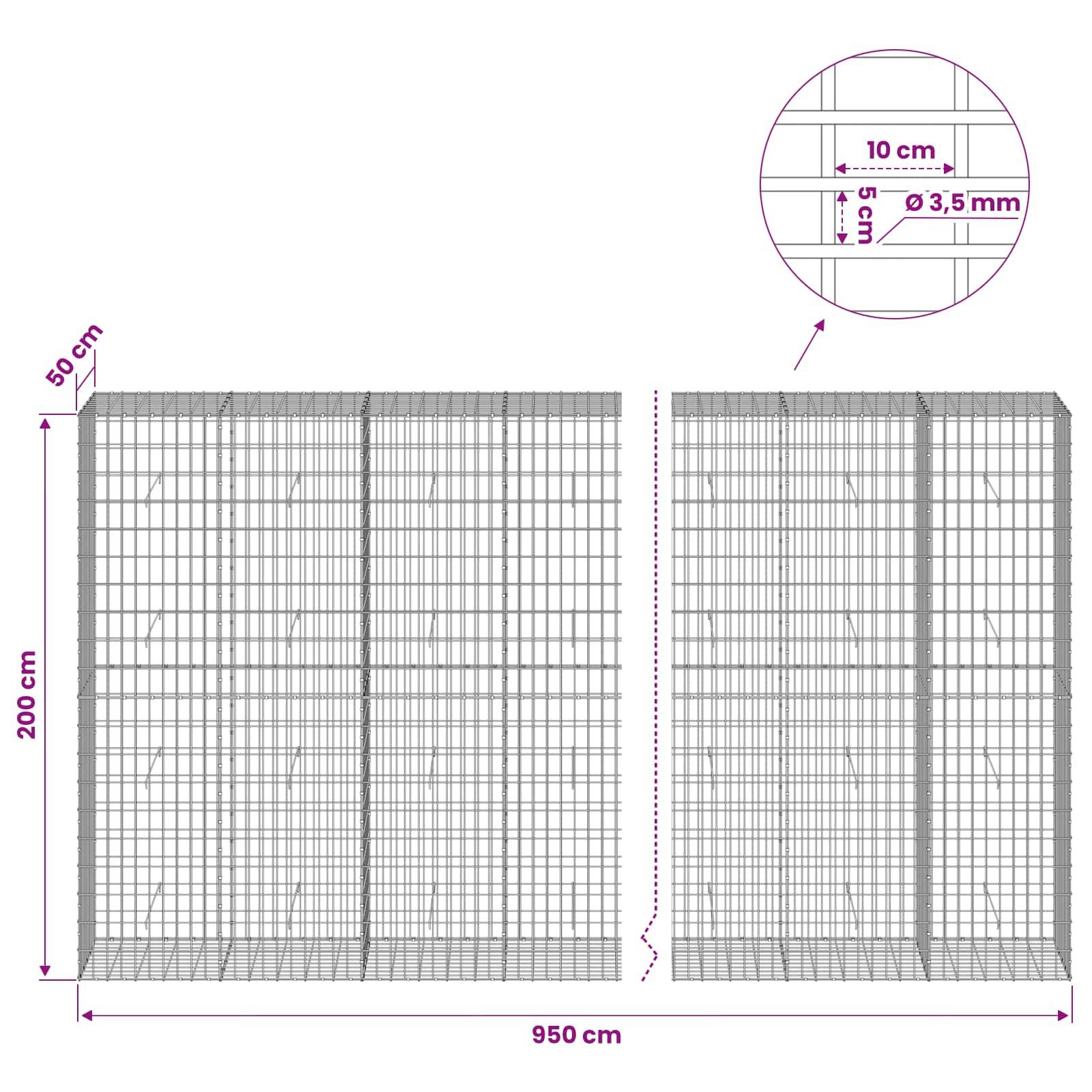 Drahtgitterpaneel-Diagramm mit einer 950 cm breiten, 200 cm hohen Zaunsektion mit 50 cm Tiefe; Ausschnitt zeigt 10 cm x 5 cm Maschenöffnungen und 3,5 mm Drahtdicke.