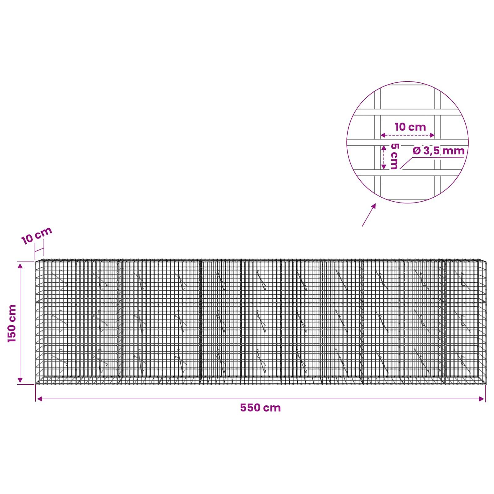 Technisches Diagramm eines Drahtgitterpanels mit einer Breite von 550 cm und einer Höhe von 150 cm, das einen Abstand von 10 cm und eine Detailansicht des Drahtes mit einem Durchmesser von 3,5 mm zeigt.