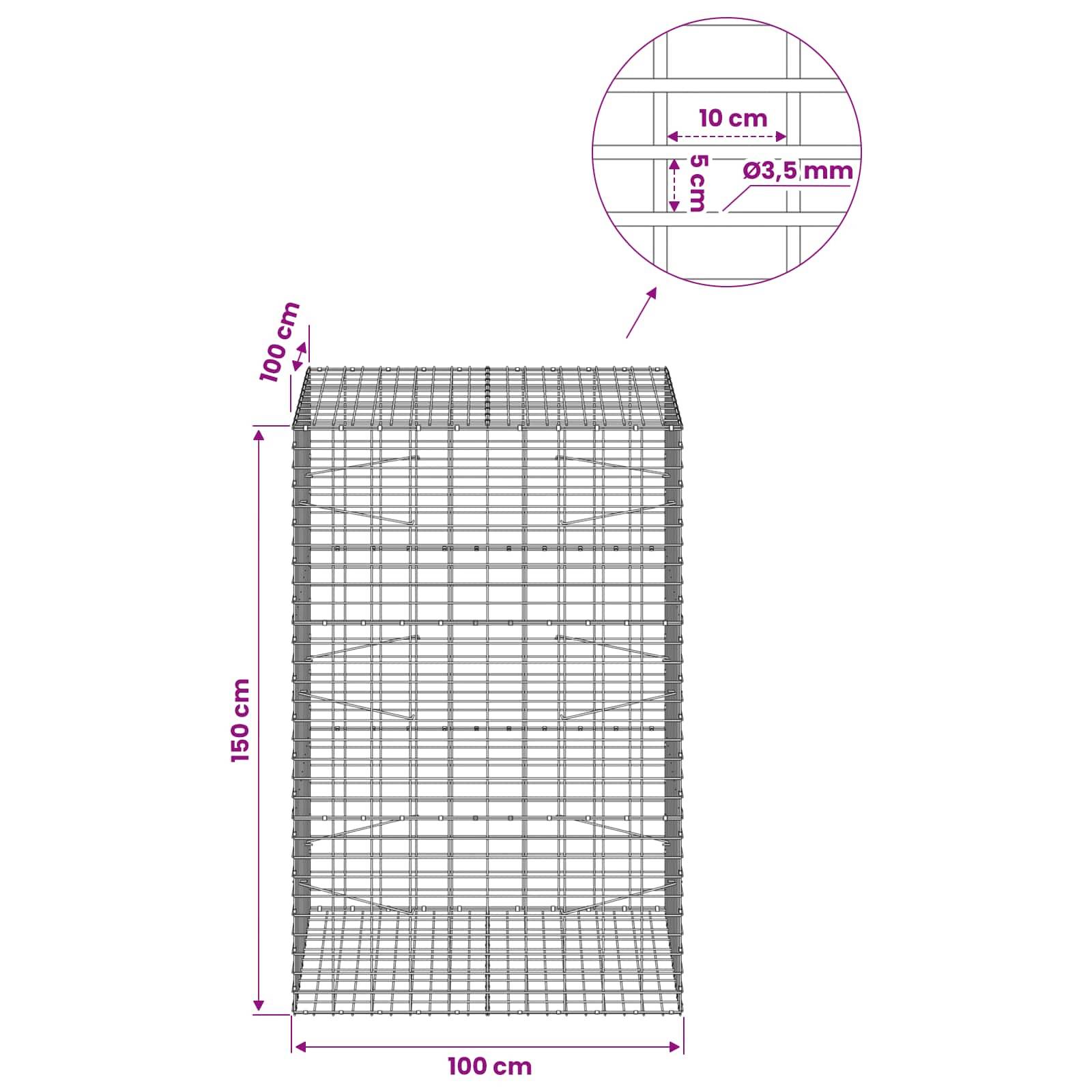 Drahtgeflecht-Gabionenkorb-Diagramm mit Abmessungen: 150 cm hoch, 100 cm breit und tief; Ausschnitt zeigt 10 cm Maschenöffnungen und 3,5 mm Drahtdicke.