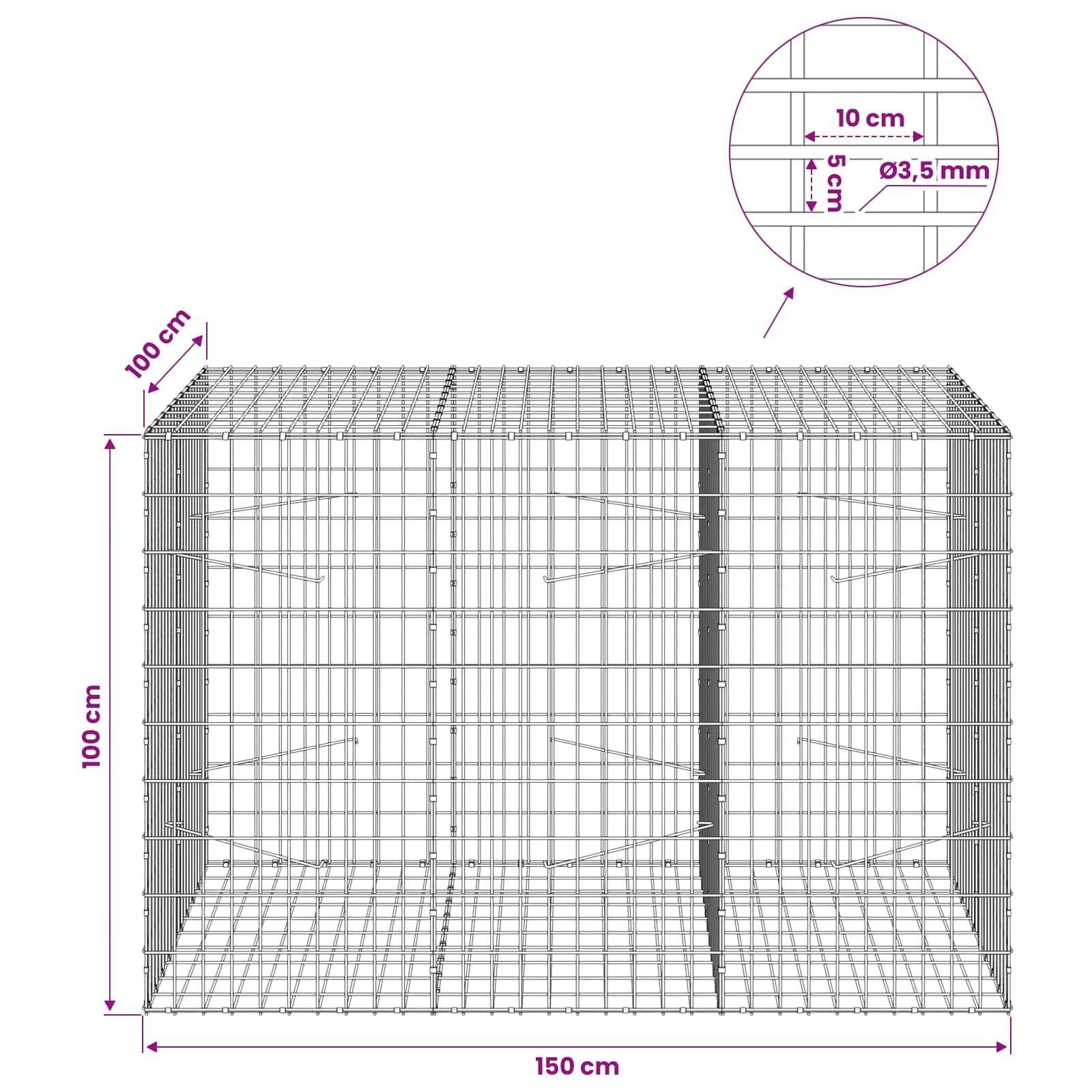Drahtgitterkäfig mit den Maßen 150 cm Breite, 100 cm Tiefe und 100 cm Höhe, mit 10 cm Maschenweite und 3,5 mm Draht, gezeigt in einer Detaildarstellung.