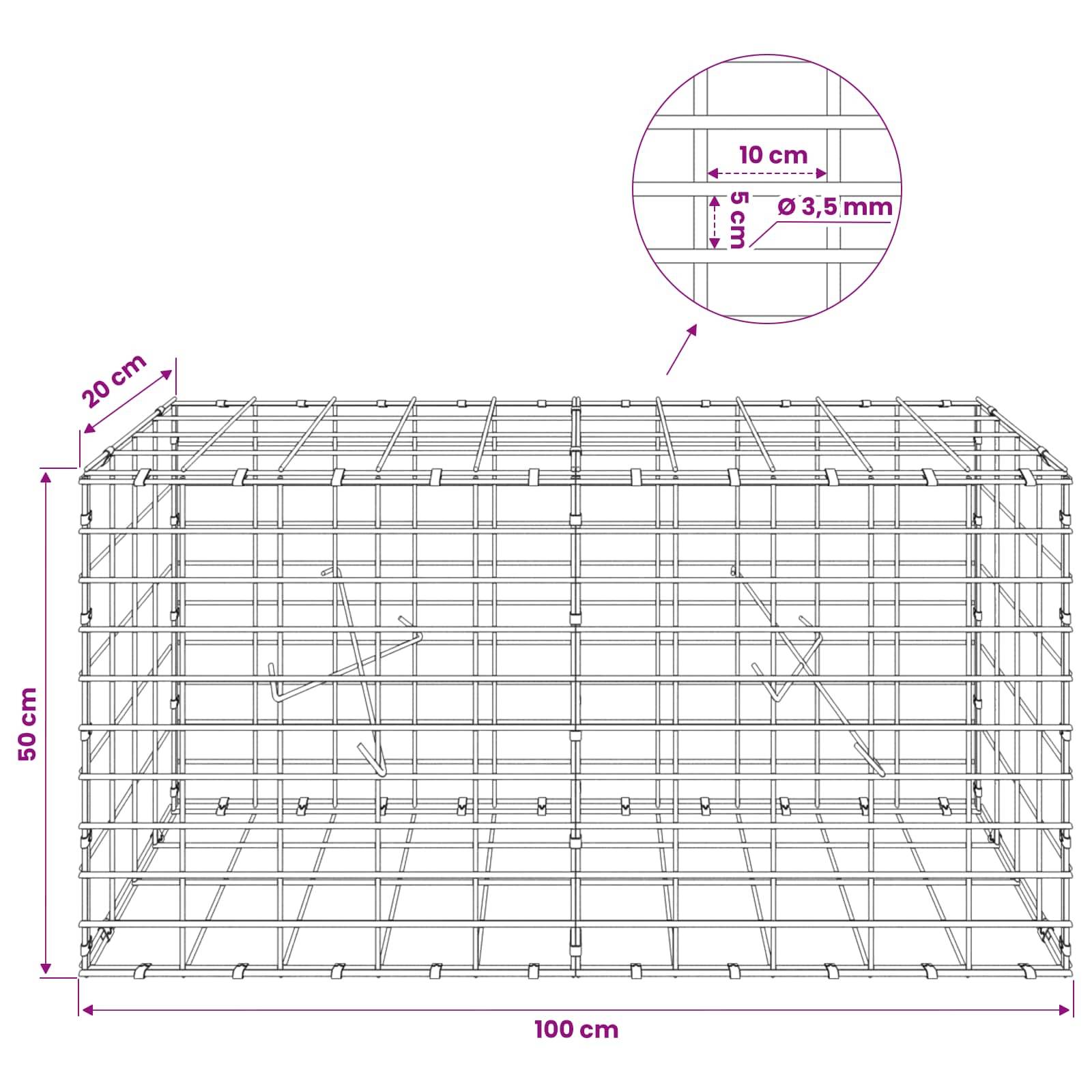 Drahtgitter-Diagramm mit Abmessungen: 100 cm breit, 50 cm hoch, 20 cm tief, aus 10 cm Maschenweite und 3,5 mm Draht gefertigt.