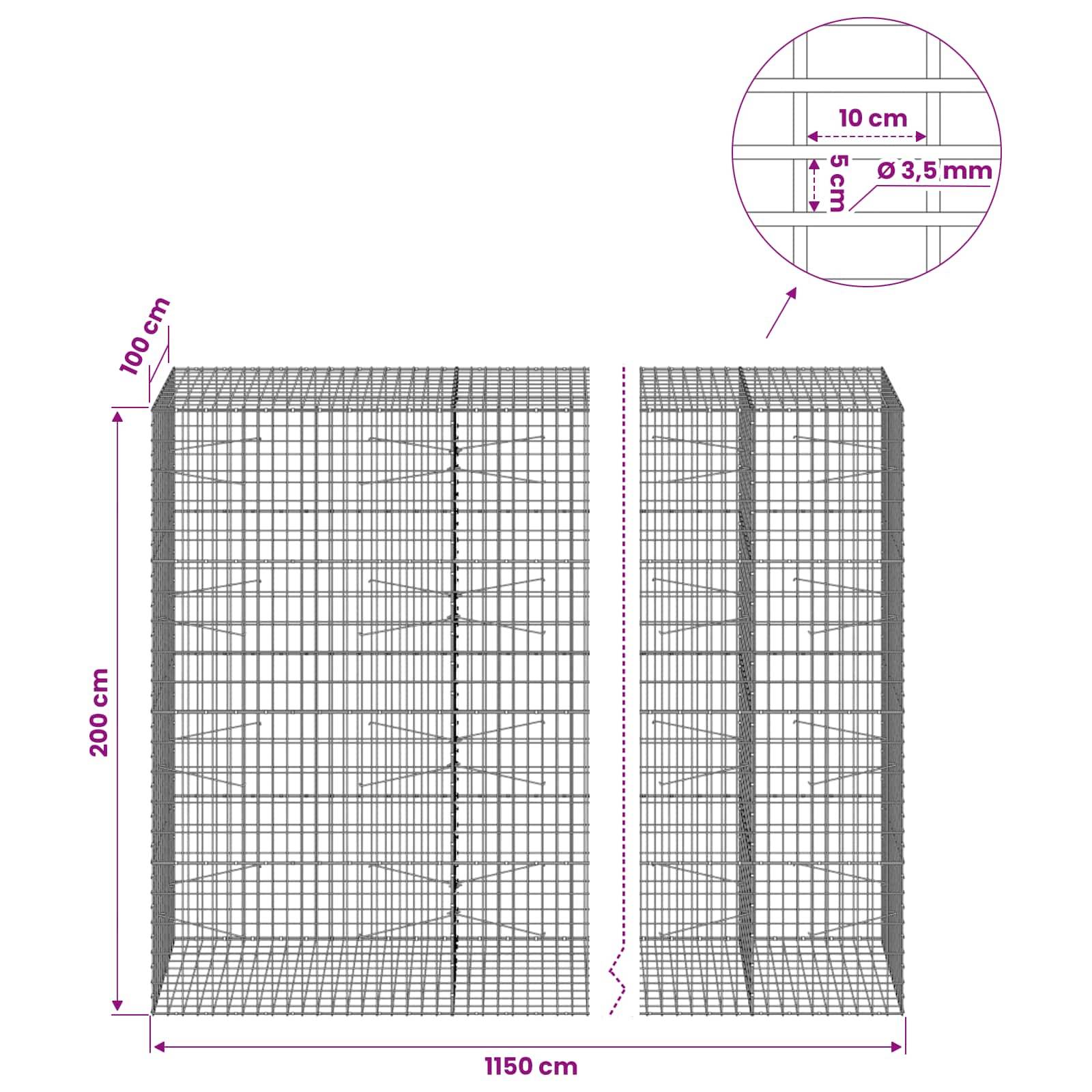 Technisches Diagramm von zwei Drahtgeflecht-Gabionenpaneelen mit beschrifteten Abmessungen: 200 cm hoch, 1150 cm breit, 100 cm tief, Maschenweite 10 cm und Draht Ø 3,5 mm.