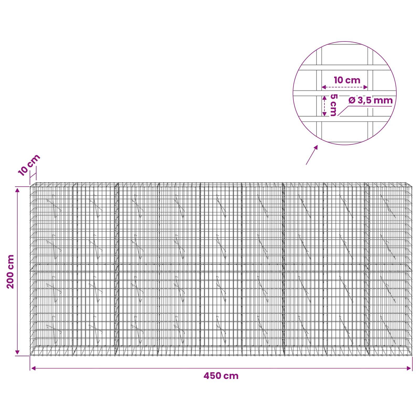 Drahtgeflecht-Paneel-Diagramm mit einer Breite von 450 cm und einer Höhe von 200 cm, mit einer Detailansicht des Abstandes von 10 cm und einem Drahtdurchmesser von 3,5 mm.