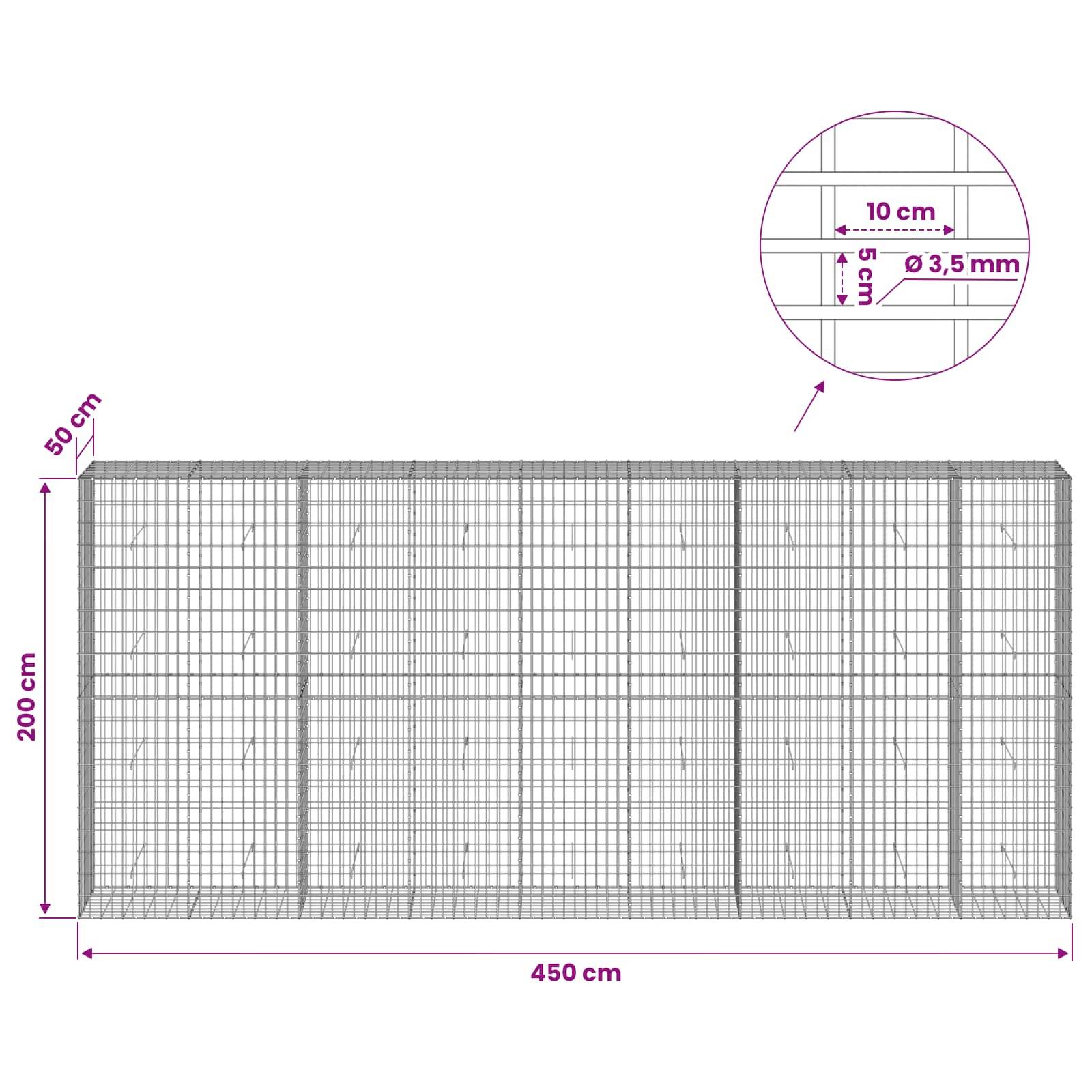 Diagramm eines Maschendrahtzaun-Paneels, beschriftet mit 450 cm Breite, 200 cm Höhe und 50 cm Tiefe, mit 10 cm x 5 cm Maschenweite und 3,5 mm Drahtdurchmesser