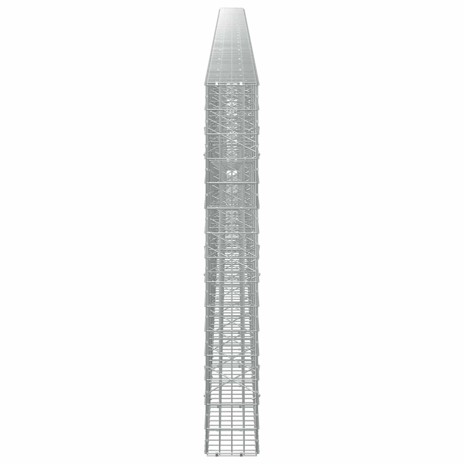 Hoher, schmaler Metallgitterturm oder Gerüst, der vertikal vor einem schlichten weißen Hintergrund gezeigt wird und an ein Tragwerk oder eine Antennenmast erinnert.