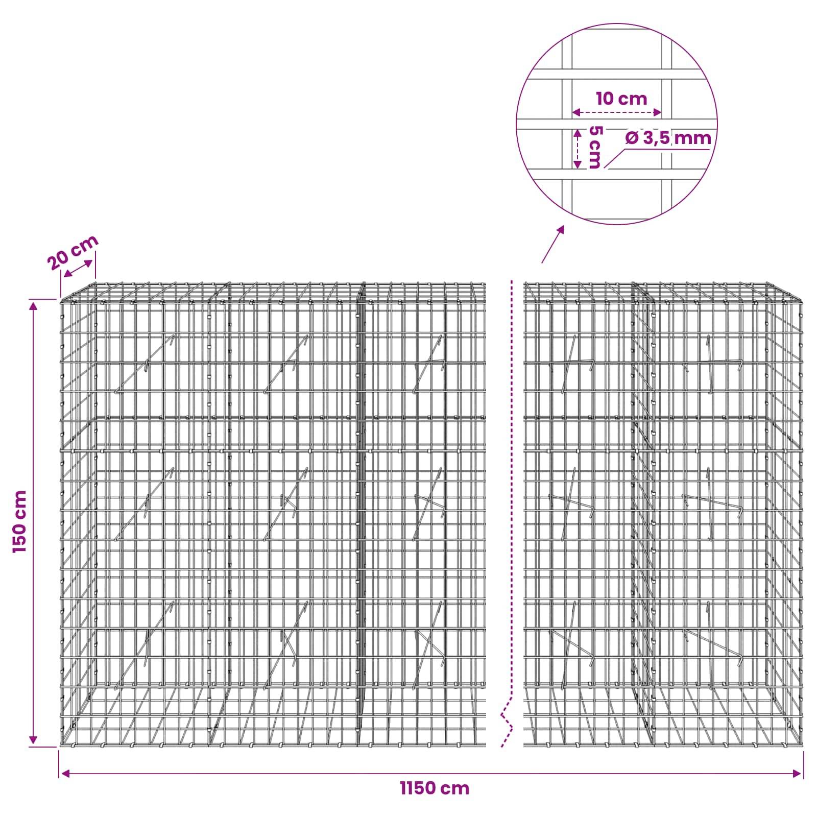 Technisches Diagramm eines Drahtschüttkorbs mit Abmessungen: 1150 cm breit, 150 cm hoch, 20 cm tief; Detailansicht zeigt 10 cm Maschenweite und 3,5 mm Draht.