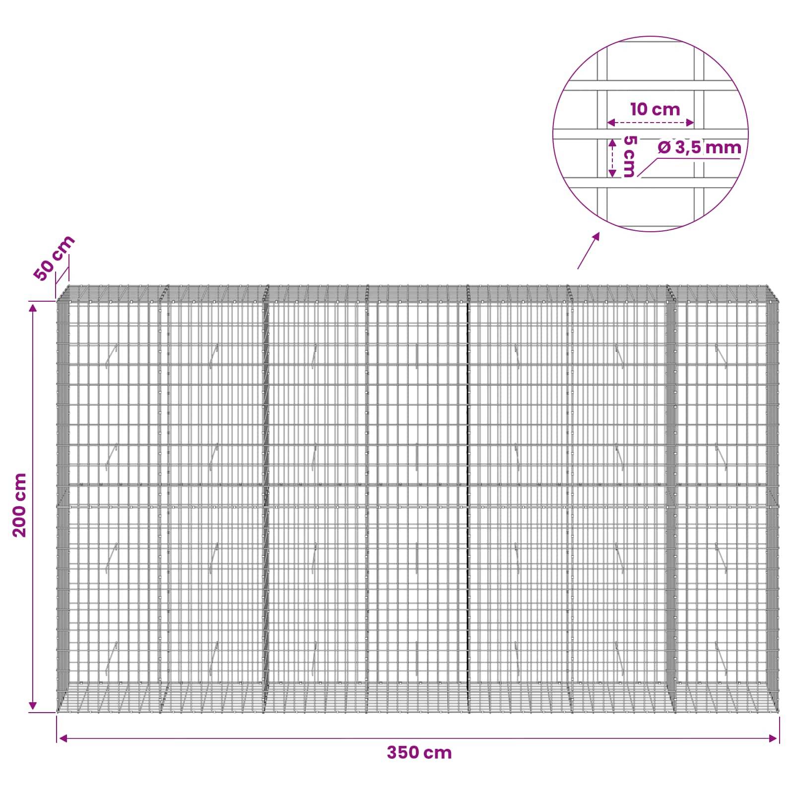 Technisches Diagramm einer Drahtgitterbarriere, 350 cm breit und 200 cm hoch, mit 50 cm Tiefe; die Vergrößerung zeigt ein 10 cm x 5 cm Maschenwerk und einen Drahtdurchmesser von 3,5 mm.