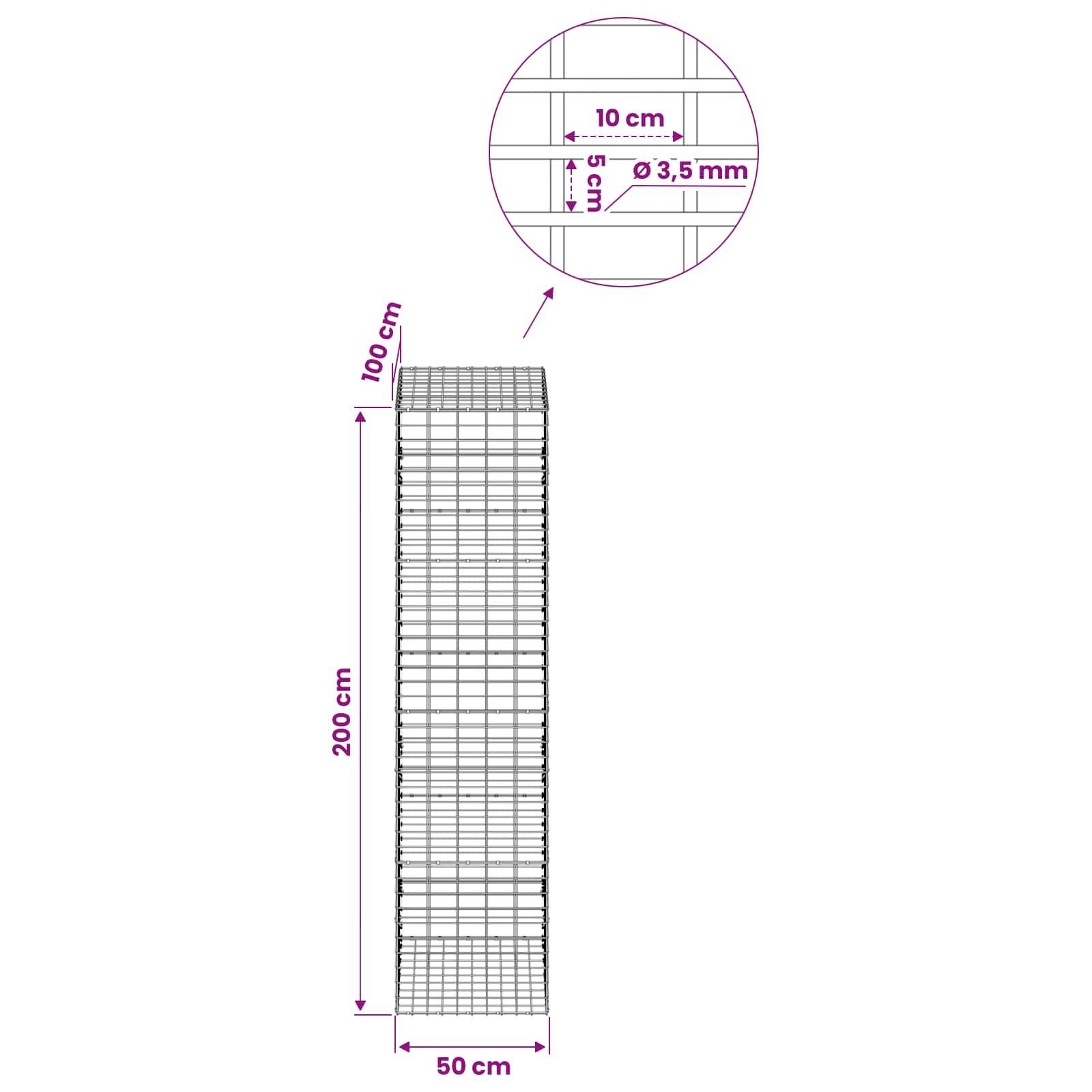 Diagramm eines Drahtgitterpaneels mit den Abmessungen: 200 cm Höhe, 50 cm Breite, 100 cm oberer Bereich, 10 cm Abstand und 3,5 mm Drahtdurchmesser.