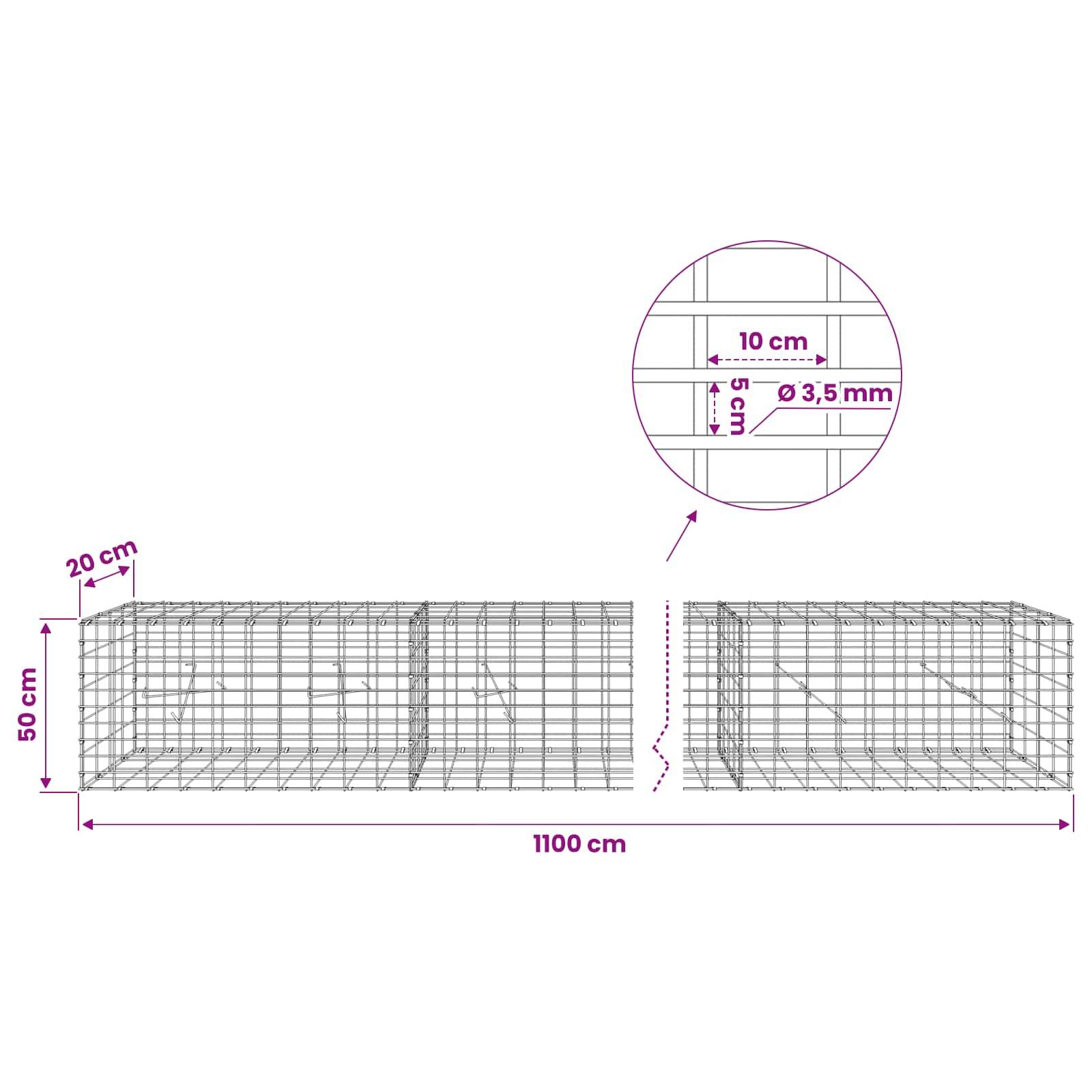 Technisches Diagramm eines Drahtgitter-Gabionen-Korbs mit den Abmessungen 1100 cm Länge, 50 cm Höhe und 20 cm Breite, mit Detailansicht des Drahtabstands 10 cm und 3,5 mm Drahtdurchmesser.