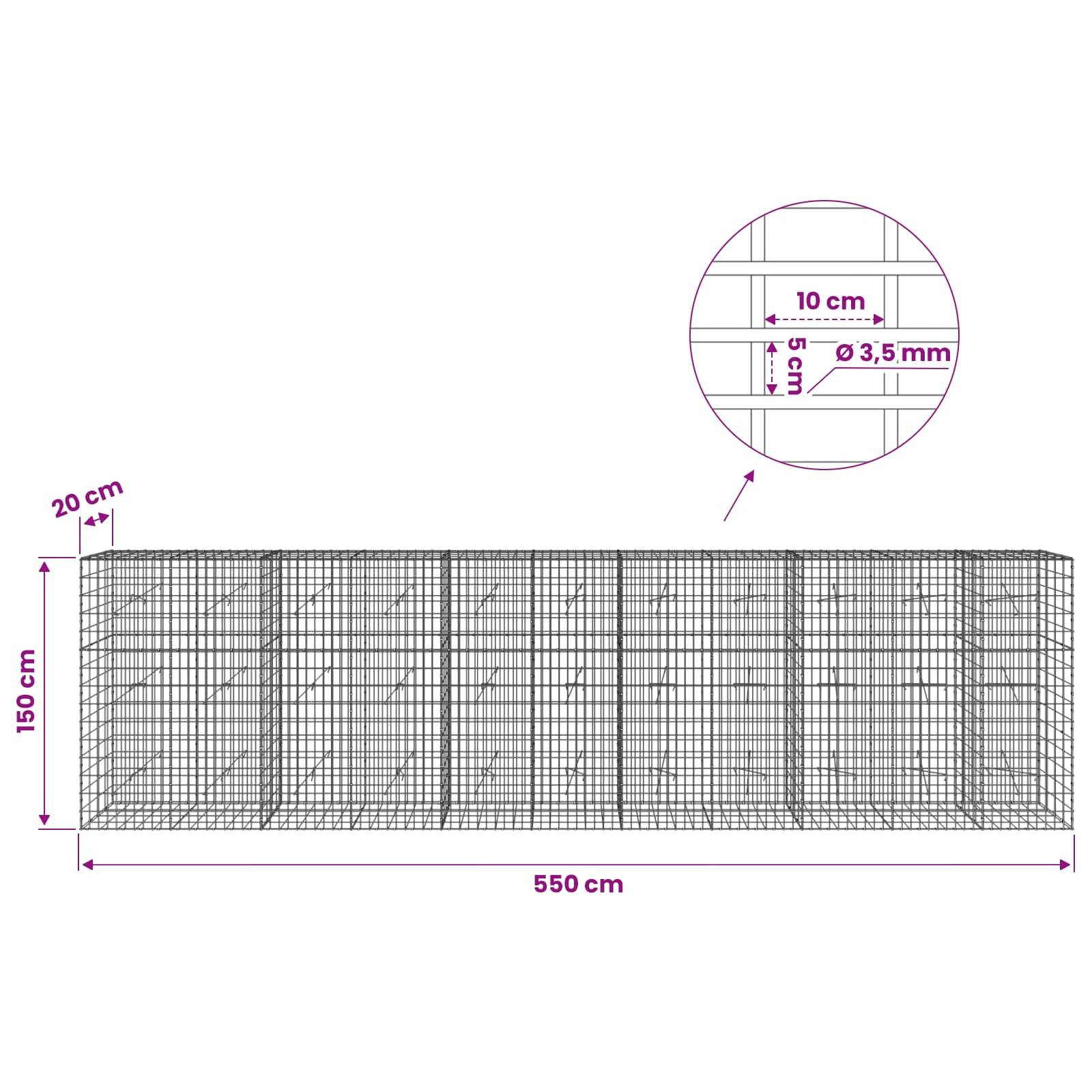 Technische Zeichnung eines Drahtgitterpaneels mit einer Breite von 550 cm und einer Höhe von 150 cm, mit einem oberen Abstand von 20 cm und Detail eines 10 cm x 5 cm Gitters und einem Drahtdurchmesser von 3,5 mm.