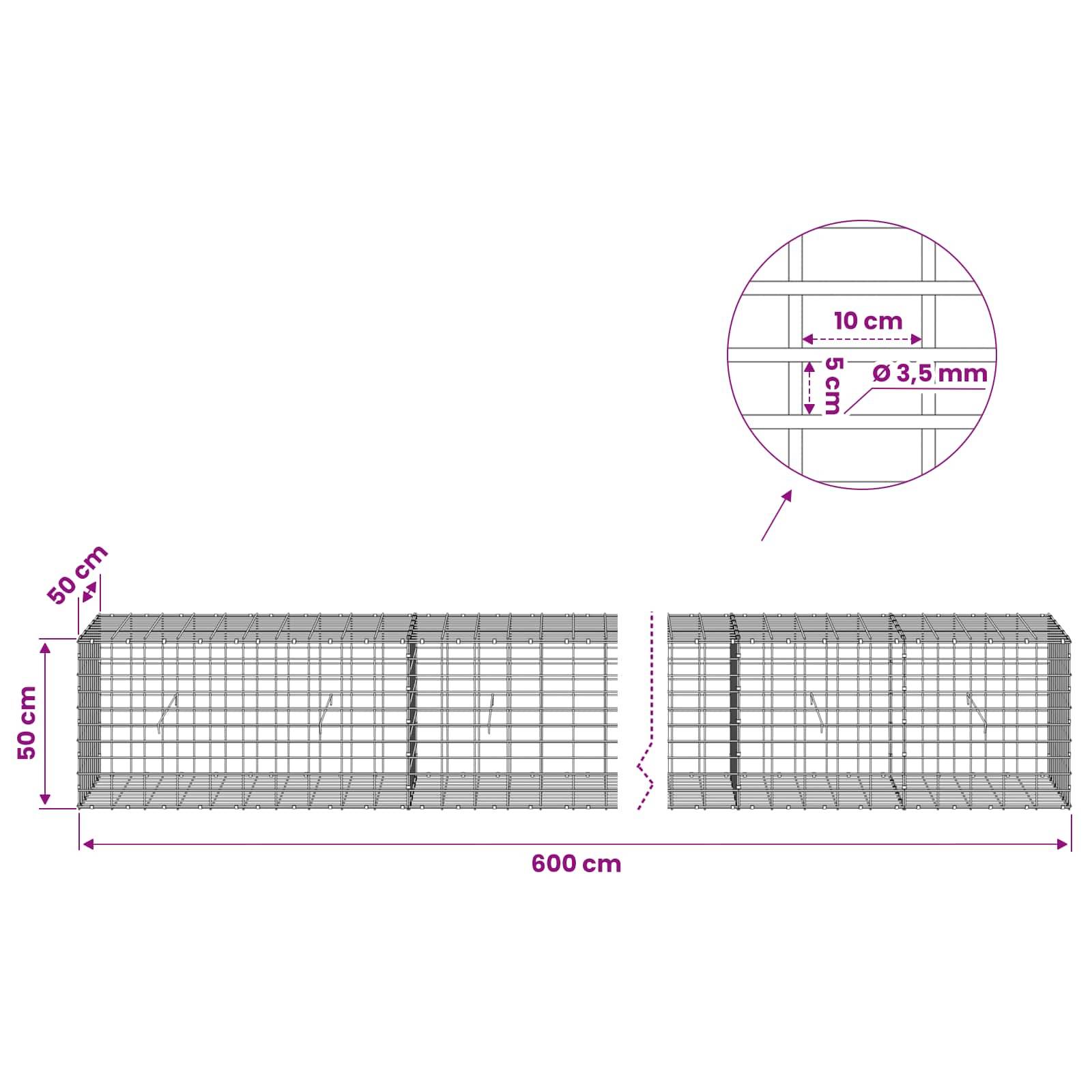 Diagramm eines geschweißten Drahtgitterpanels, 600 cm lang und 50 cm hoch, mit 10 cm x 5 cm Öffnungen und 3,5 mm Drahtdicke.