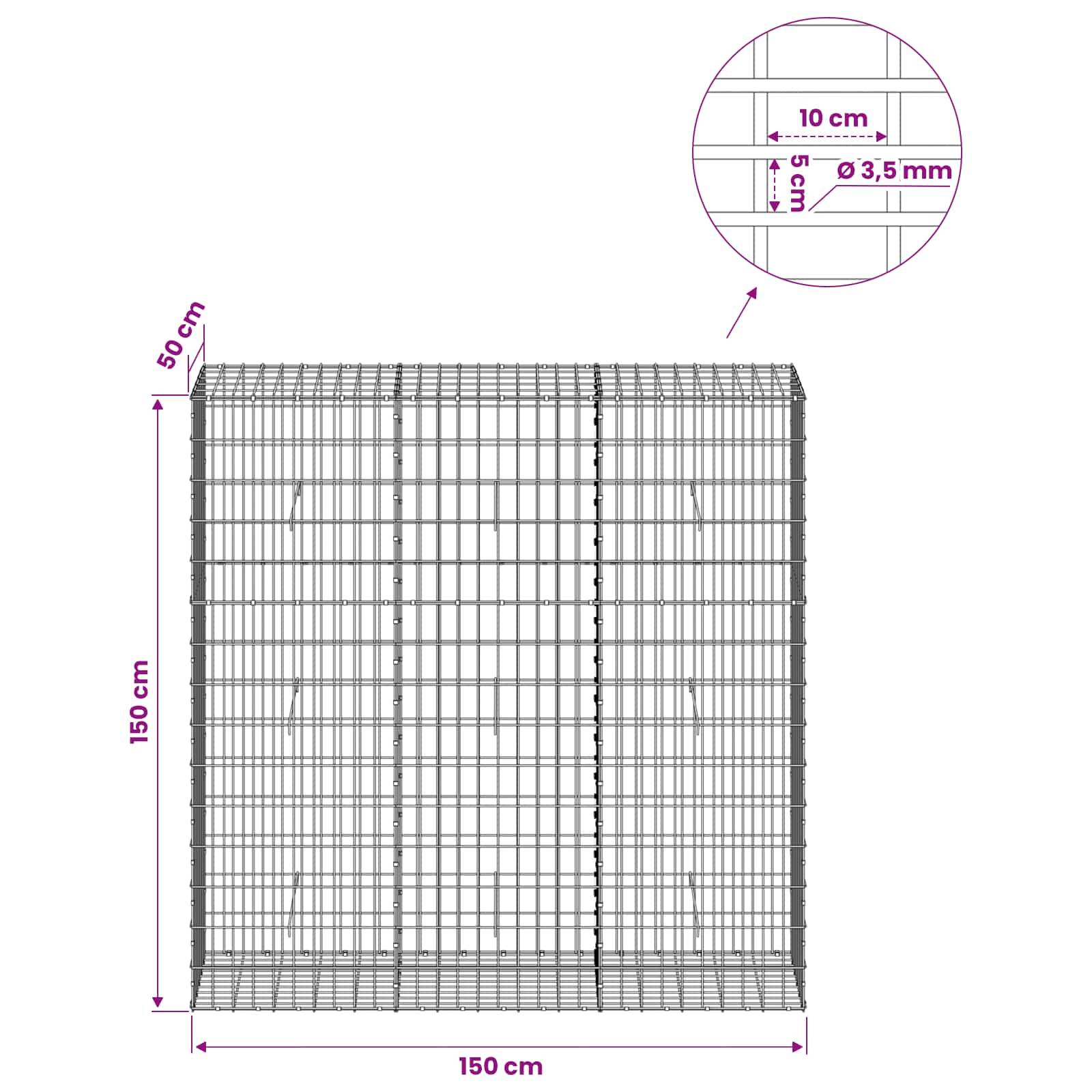 Drahtgeflecht-Paneldiagramm mit Abmessungen 150 cm Breite mal 150 cm Höhe und 50 cm Tiefe, mit 10 cm mal 5 cm Raster und 3,5 mm Drahtstärke.
