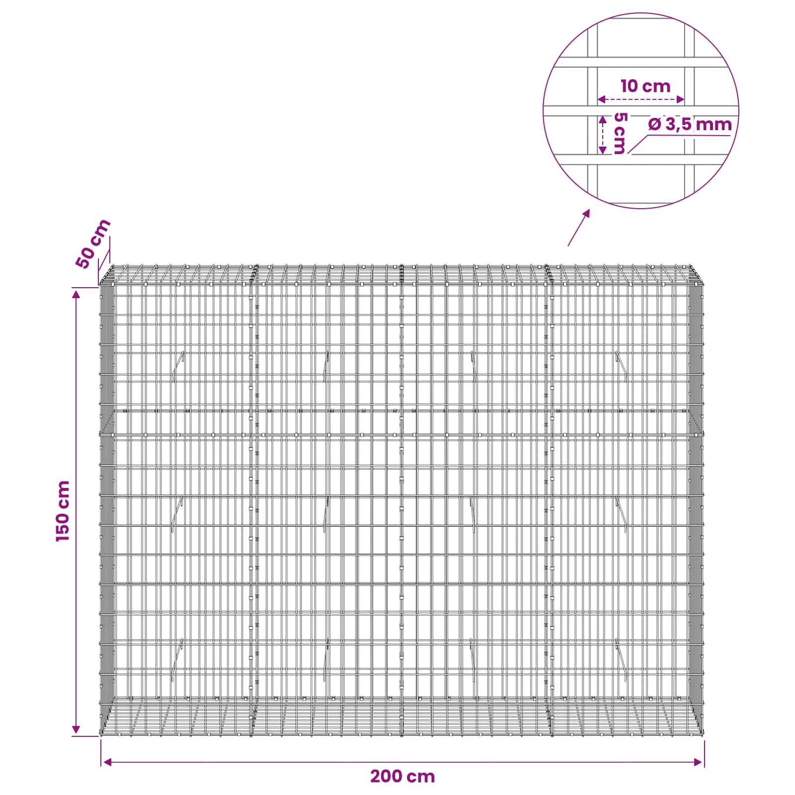 Drahtgeflecht-Panel-Diagramm zeigt einen 200 cm breiten und 150 cm hohen Zaun-Abschnitt, 50 cm tief, mit 10 cm Gitterabstand und 3,5 mm Drahtdurchmesser.