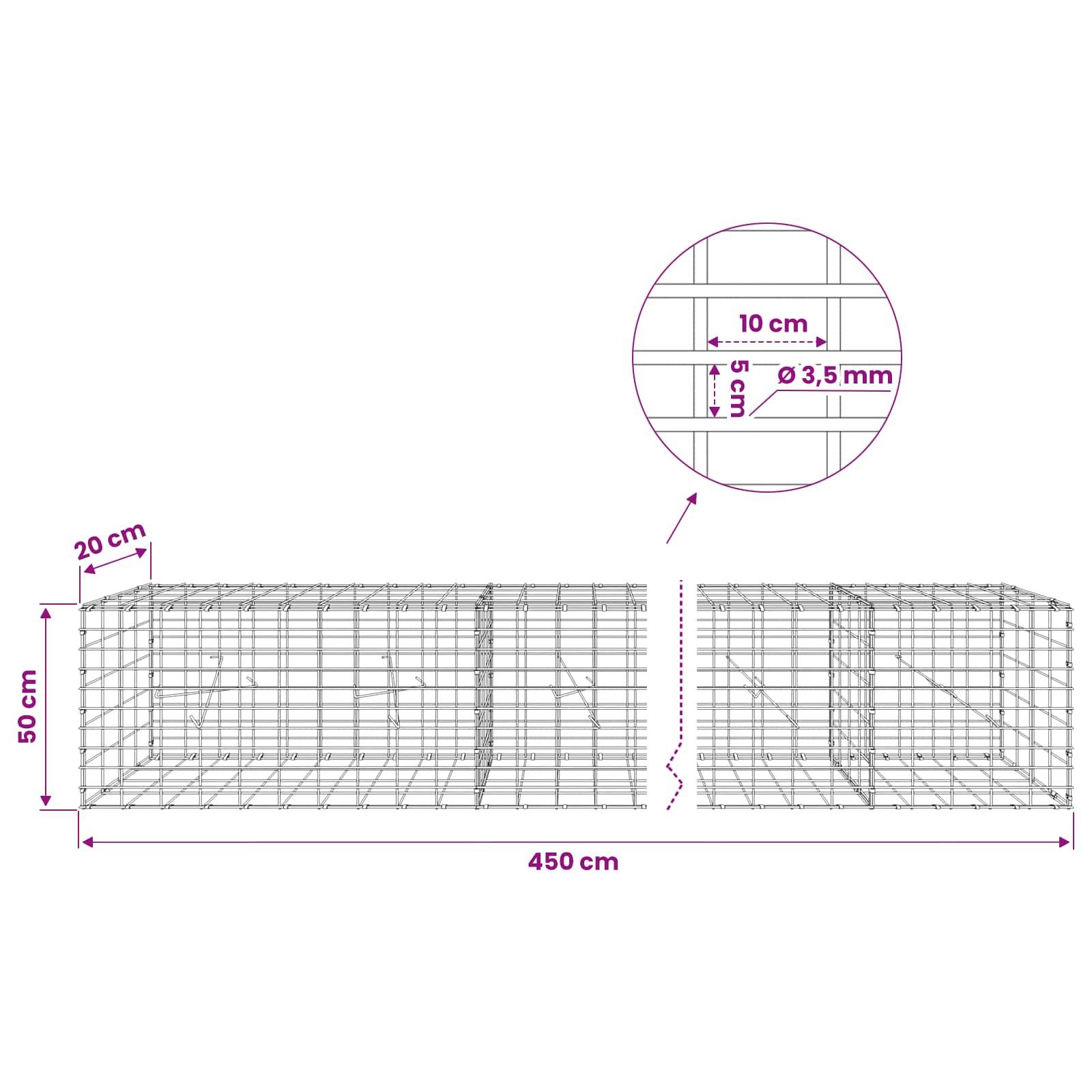 Technische Zeichnung eines Drahtnetz-Gabionenkastens, beschriftet mit 450 cm Länge, 50 cm Höhe und 20 cm Tiefe, mit 10 cm Maschenweite und 3,5 mm Drahtdurchmesser.