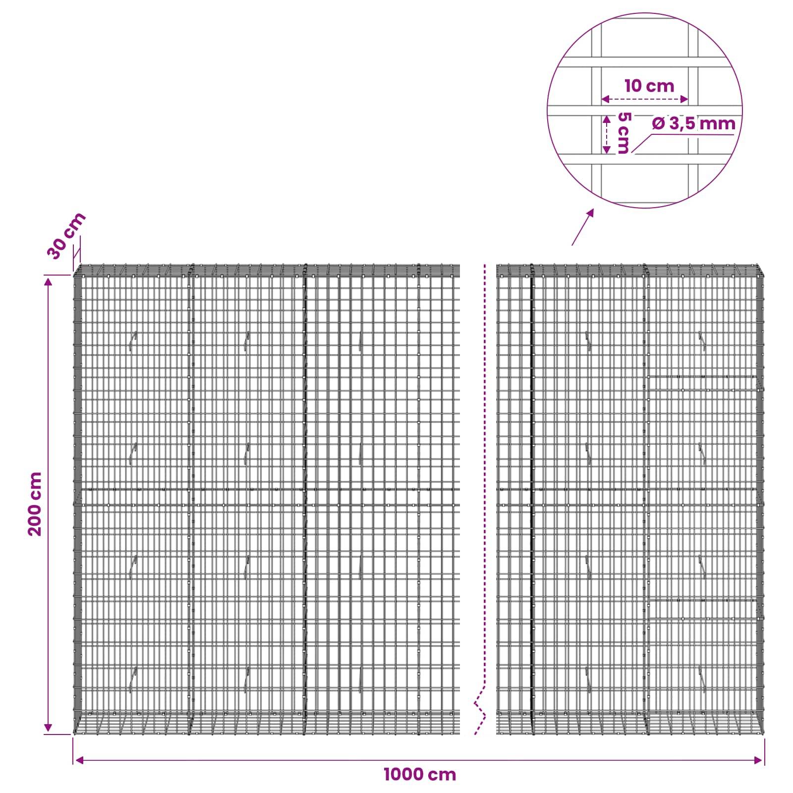 Technisches Diagramm von zwei Drahtgitterpaneelen mit Abmessungen: 1000 cm breit, 200 cm hoch, 30 cm Tiefe oben; Ausschnittsvergrößerung zeigt 10 cm Abstände und 3,5 mm Drahtdicke.