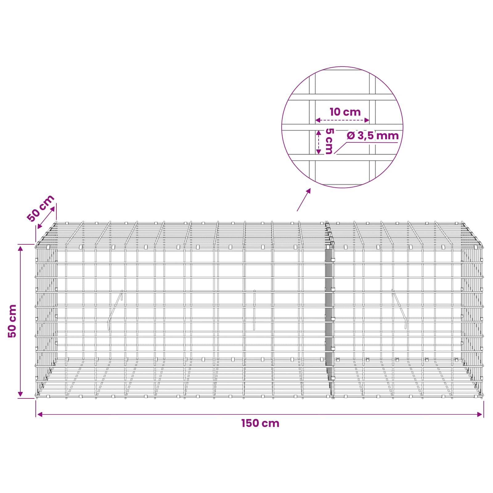 Drahtgitterkonstruktion mit den Abmessungen 150 cm Länge, 50 cm Höhe und 50 cm Tiefe, mit vergrößerter Detaildarstellung, die einen Abstand von 10 cm und 5 cm sowie einen Drahtdurchmesser von 3,5 mm anzeigt.