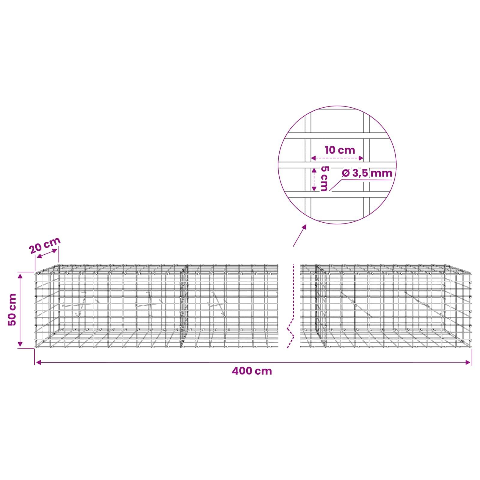 Diagramm eines Drahtgeflecht-Gabionenkorbs mit einer Länge von 400 cm, einer Höhe von 50 cm und einer Tiefe von 20 cm, mit einer Detailansicht mit 10 cm Abstand und 3,5 mm Drahtdurchmesser.