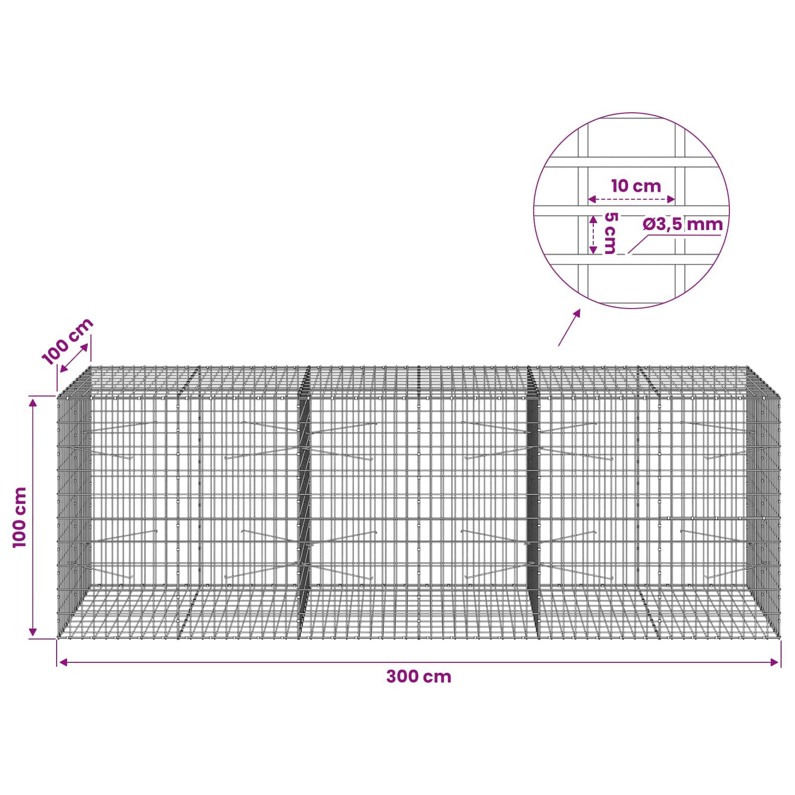 Drahtgitter-Gabionenkörper-Diagramm mit einem rechteckigen Korb von 300 cm Länge, 100 cm Höhe und 100 cm Tiefe, mit 10 cm Raster und 3,5 mm Draht.