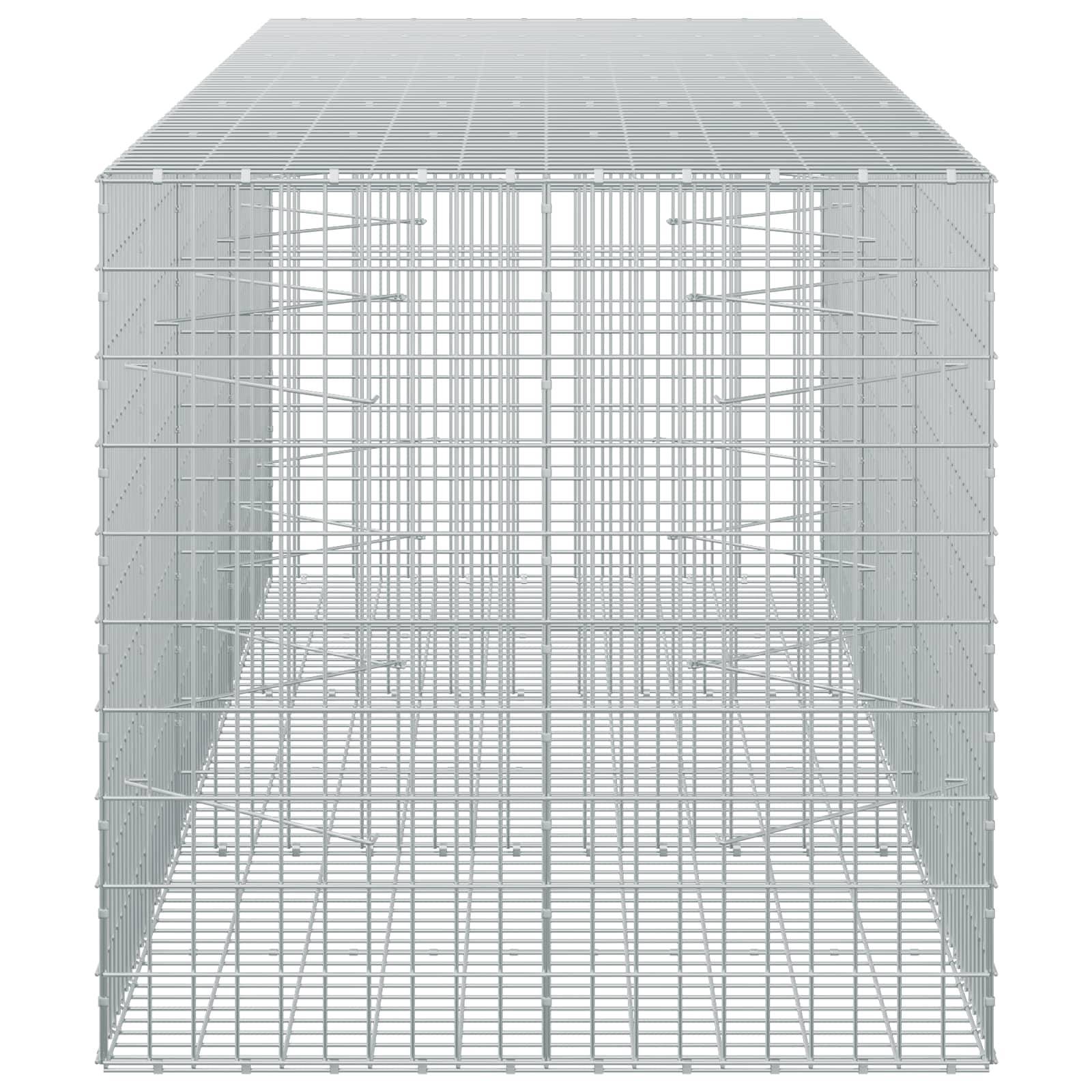 Drahtgitterartiges 3D-Ansicht eines rechteckigen Metallkäfigs oder einer Umhausung mit Gitterboden, Wänden und Dach, von vorne auf weißem Hintergrund dargestellt.