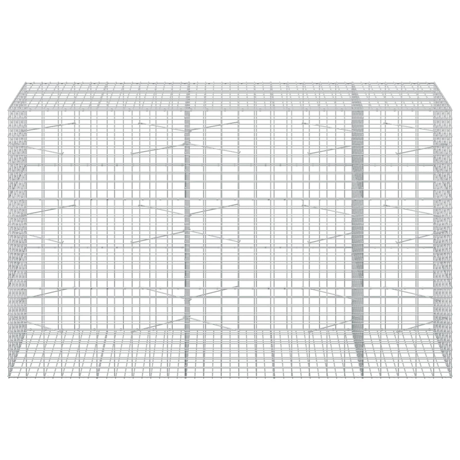 Drahtgitter-Diagramm einer rechteckigen Box- oder Käfigstruktur in Perspektive, das gitterartige Wände, Boden und Dach mit einer zentralen vertikalen Stütze zeigt.
