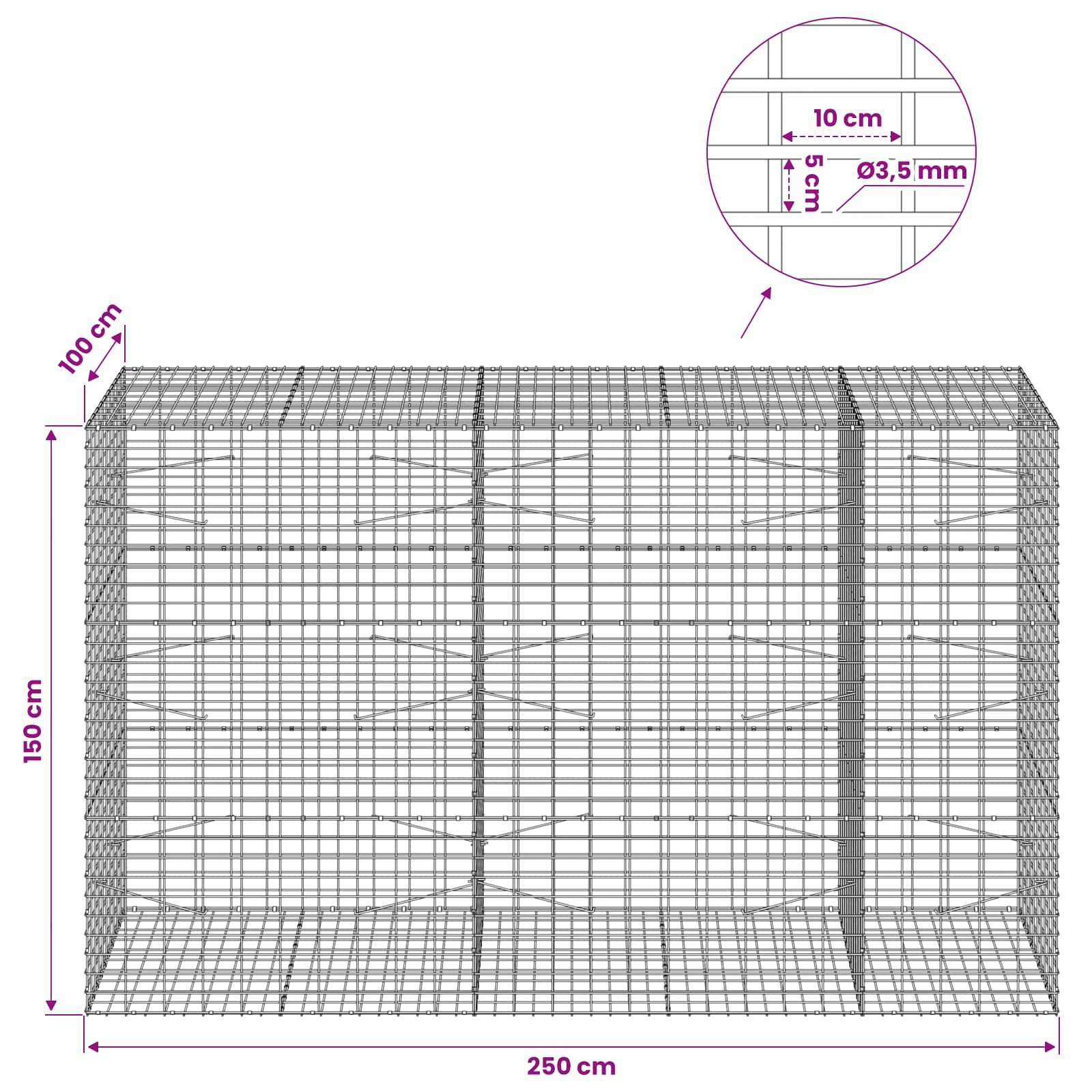 Diagramm eines Drahtschottkorbs mit einem rechteckigen Maschengeflecht-Behälter, 250 cm lang, 150 cm hoch und 100 cm tief, mit 10 cm Maschenweite und 3,5 mm Draht.