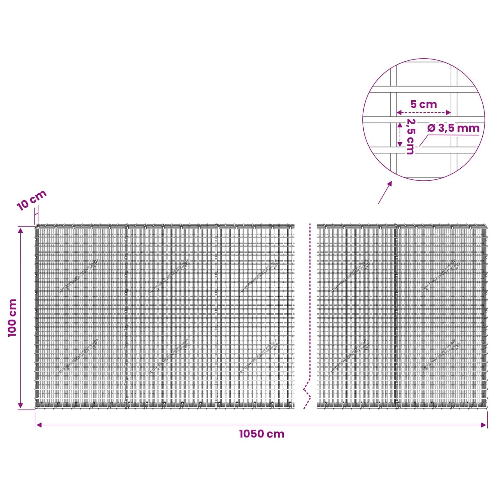 # Diagramm eines Drahtgitterpanel-Layouts, 100 cm hoch und 1050 cm lang, mit einer Vergrößerung, die 5 cm Abstände und 3,5 mm Drahtdurchmesser zeigt.