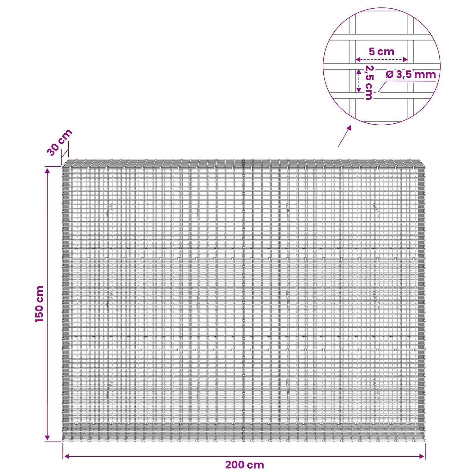 Drahtgeflecht-Paneldiagramm mit einem rechteckigen Panel mit einer Breite von 200 cm, einer Höhe von 150 cm und einer Tiefe von 30 cm, mit Öffnungen von 5 cm x 2,5 cm und einem Drahtdurchmesser von 3,5 mm.