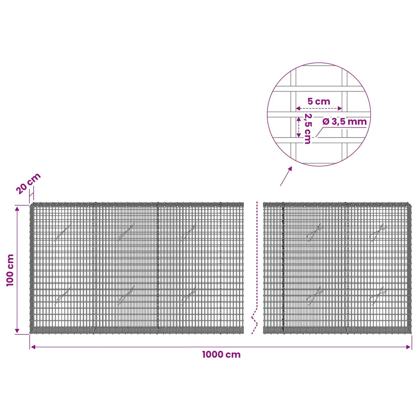 Drahtgitterpaneel-Diagramm, das ein 1000 cm x 100 cm großes Blech zeigt, mit 20 cm oberlappung, 5 cm Gitterabstand und 3,5 mm Drahtdurchmesser.