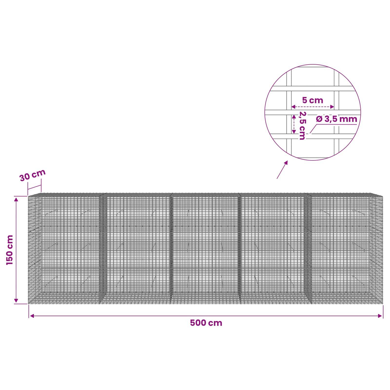Technische Zeichnung eines Maschendrahtzaun-Elements: 500 cm lang, 150 cm hoch, 30 cm tief, mit 5 cm x 2,5 cm Maschenöffnungen und 3,5 mm Drahtdurchmesser.