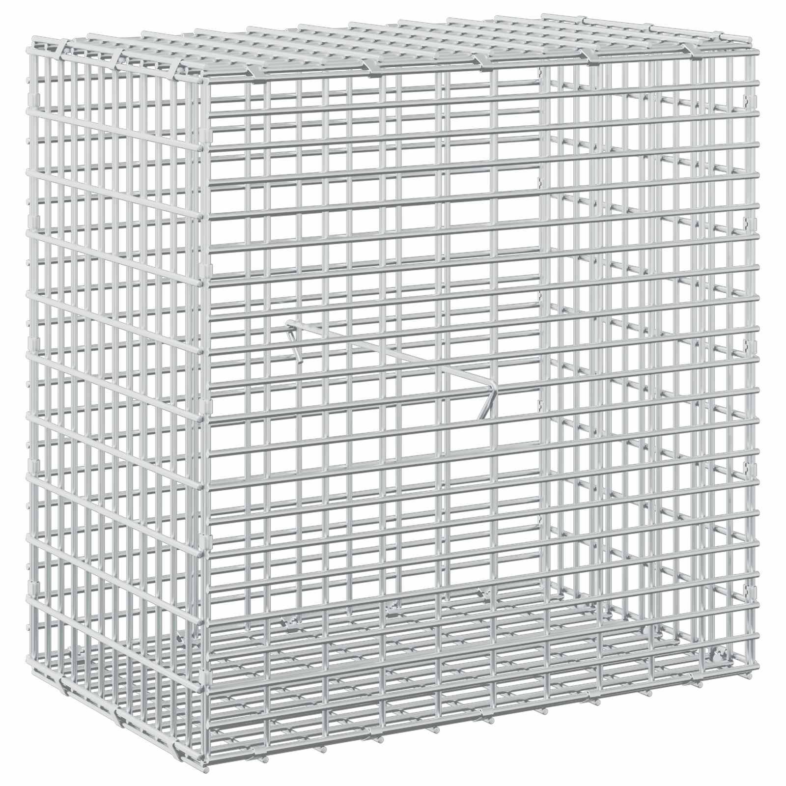 Weißer Metallgitterbehälter oder Lagerbox mit offener Oberseite und solider Basis, gezeigt auf einfachem weißen Hintergrund.