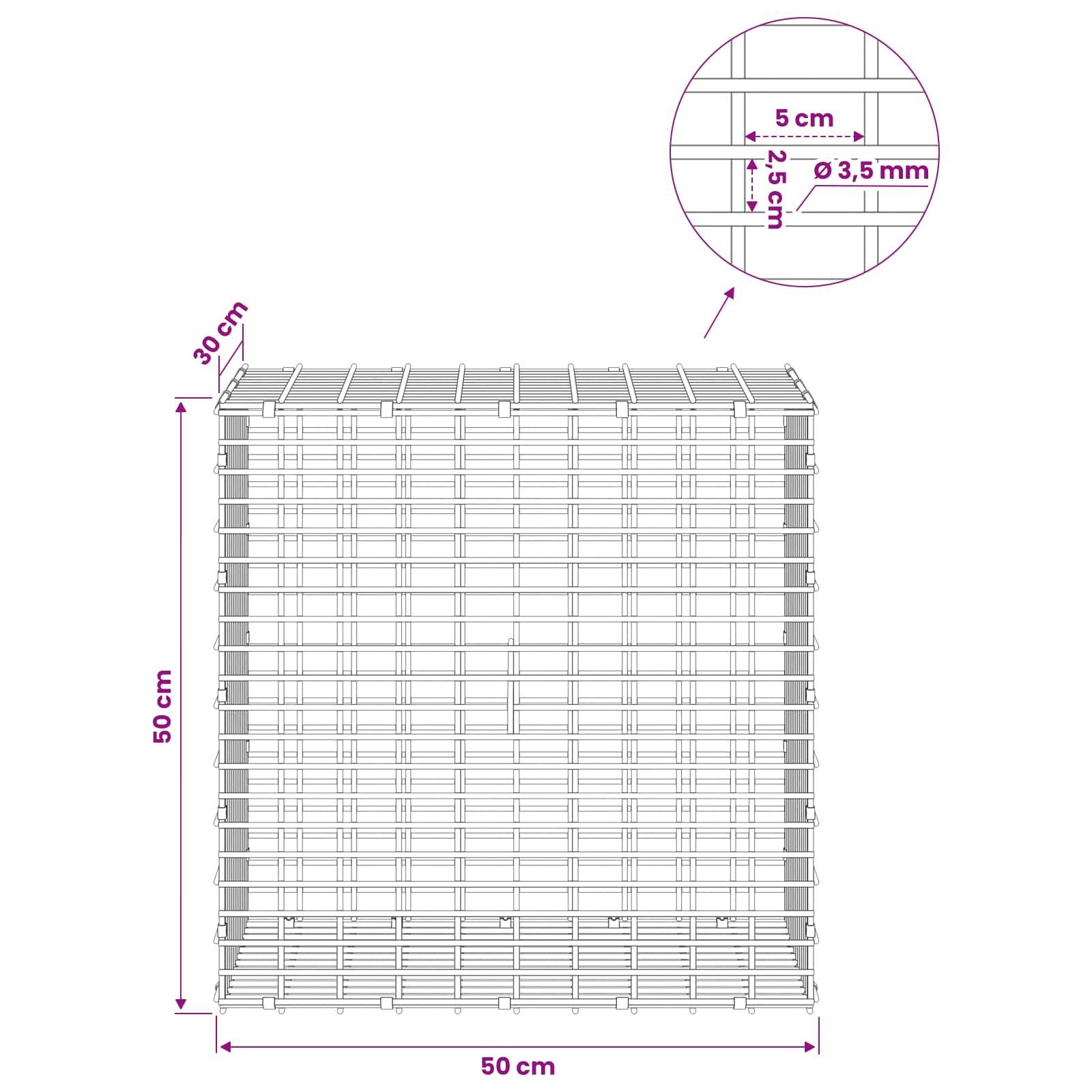 Technisches Diagramm eines Drahtgitterpanels mit den Abmessungen 50 cm x 50 cm x 30 cm und einer Nahaufnahme mit 5 cm Maschenweite und 3,5 mm Drahtdurchmesser.